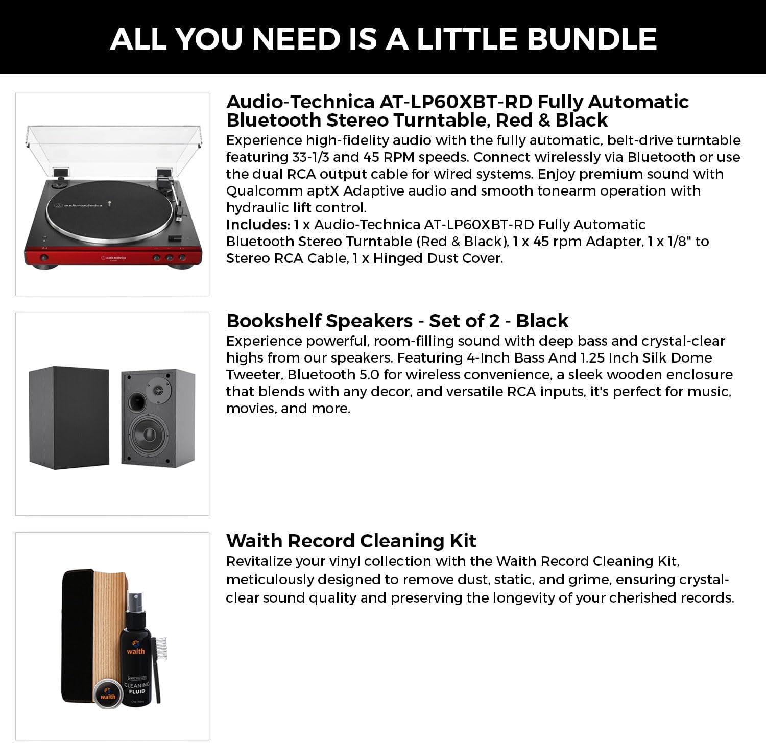 Audio-Technica AT-LP60XBT Fully Automatic Bluetooth Belt-Drive Stereo Turntable (Red & Black) with 45 rpm Adapter