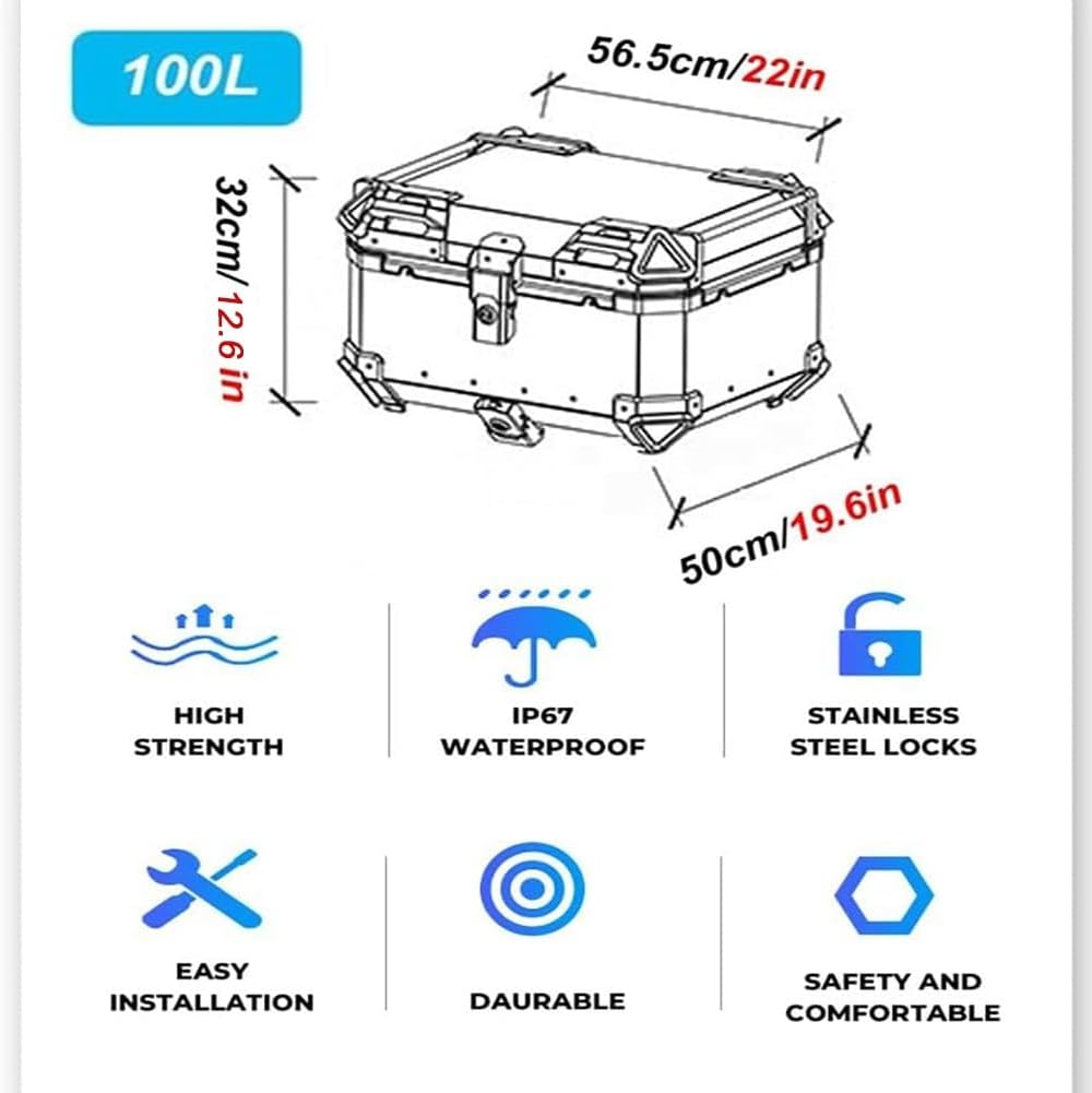 Storage Luggage Trunk,Motorcycle Top Box, Waterproof Motorcycle Top Box,Aluminum Tail Storage Tool Helmet Box,Waterproof and Shock Absorption,for Motorcycle Scooter with Mounting Hardware (Color