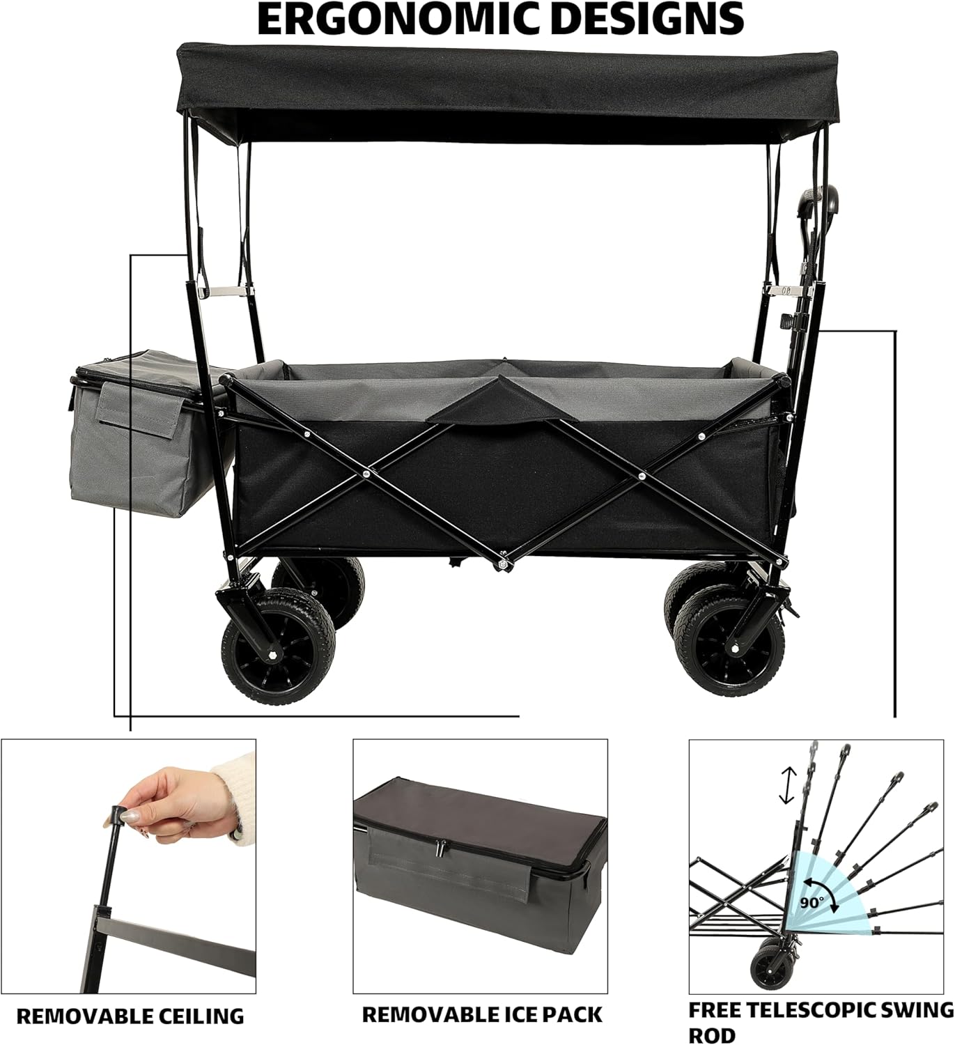 Heavy-Duty Collapsible Wagon with Removable Canopy and Mosquito Net, All-Terrain 7-Inch Wheels, 480-Pound Capacity for Camping, Shopping, Garden, and Outdoor Use