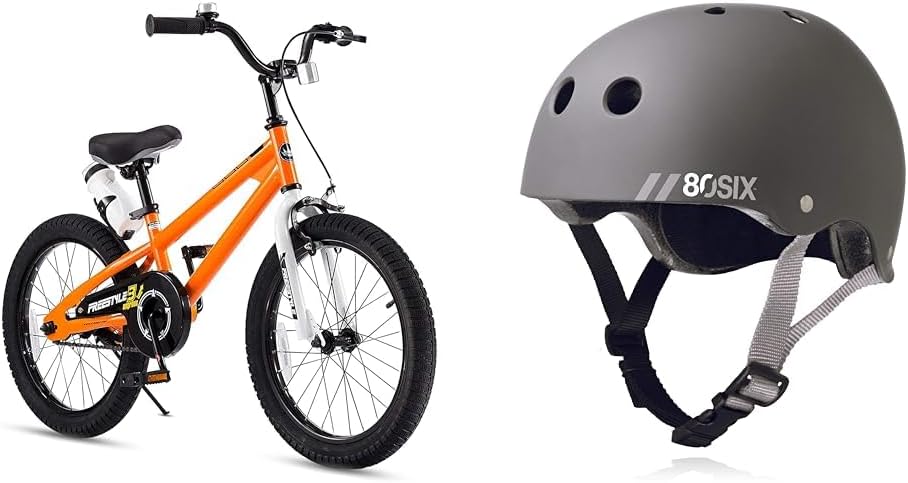 Royalbaby Kids Bike Freestyle BMX with Kickstand Gifts for Children Bikes 18 Inch Orange and 80Six Dual Certified Kids Helmet Grey Matte Junior Ages 5+