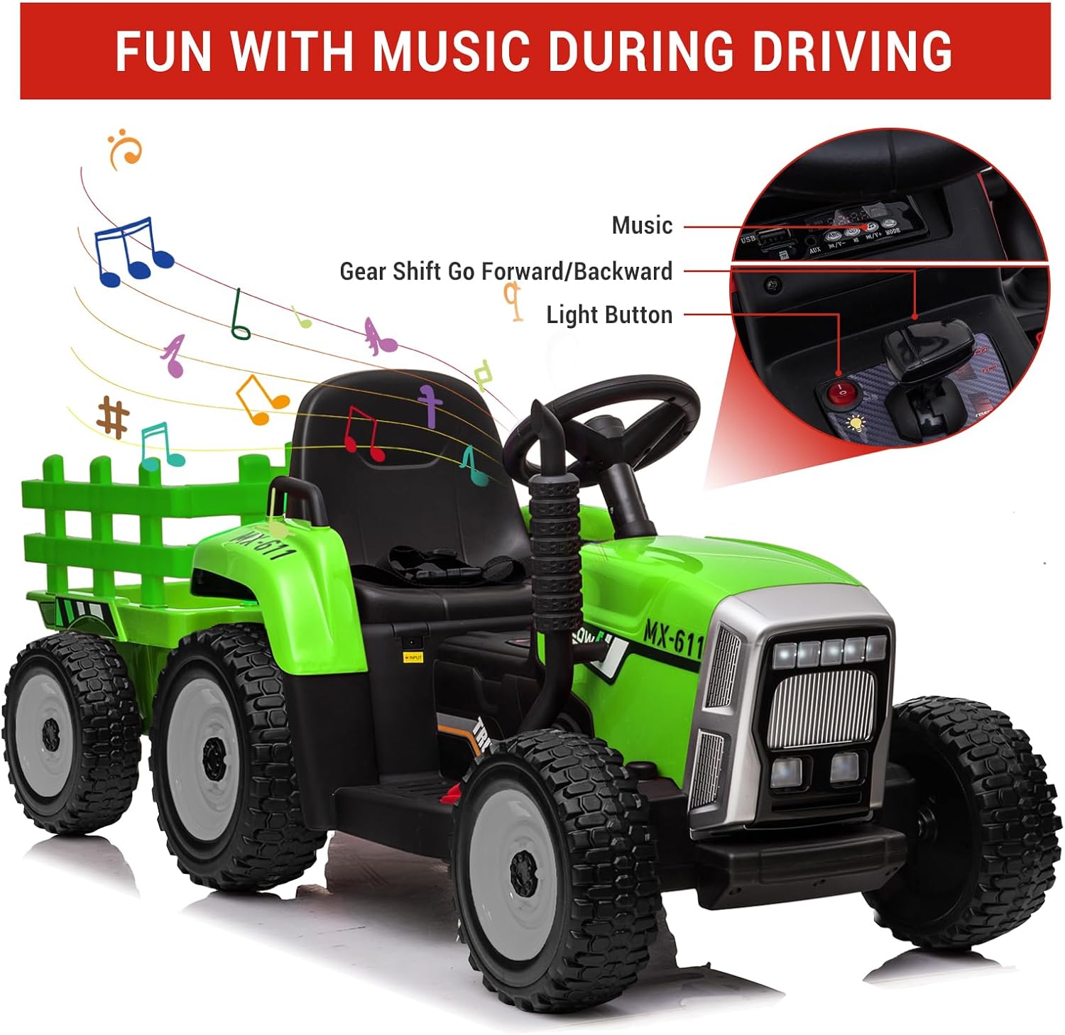 GarveeLife 12V Kids Ride On Tractor With Trailer & Remote Control,Speed Up to 5mph, Toddler Electric Vehicle Car With Led Headlights,2+1 Gear Shift,Music,EVA Wheels USB for 3+ Years Children,35W Green