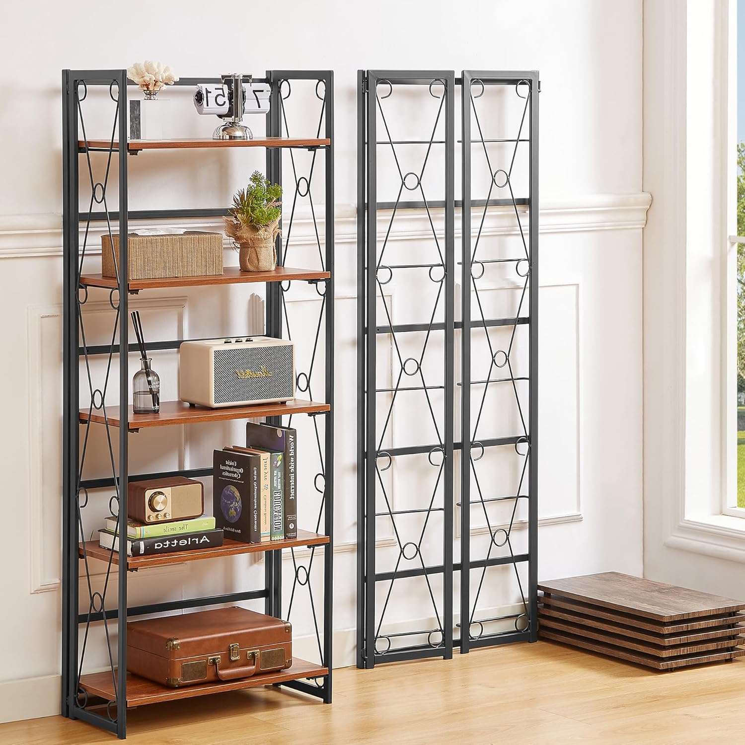 VECELO Folding Bookshelf,5 Shelf Bookcase No Assembly, Industrial Metal Frame Book Shelves Organizer for Living Room, Office,Brown, 2 Set
