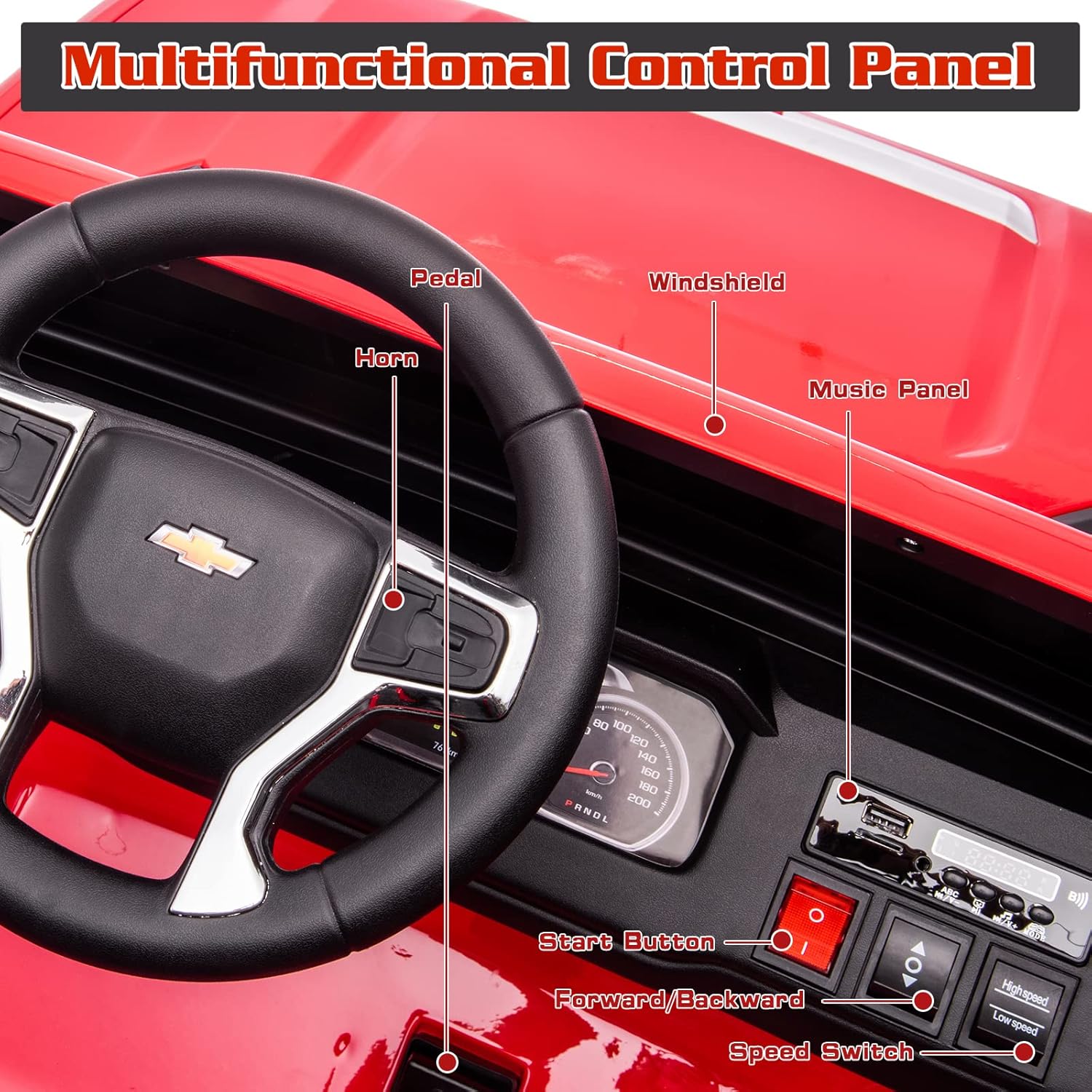 24V 4WD 2-Seater Battery Powered Licensed Chevrolet Silverado Kids Ride On Truck Electric Vehicle with Remote Control, Kids Ride on Toy with Bluetooth, LED Lights, Storage Trunk Outdoor, Red