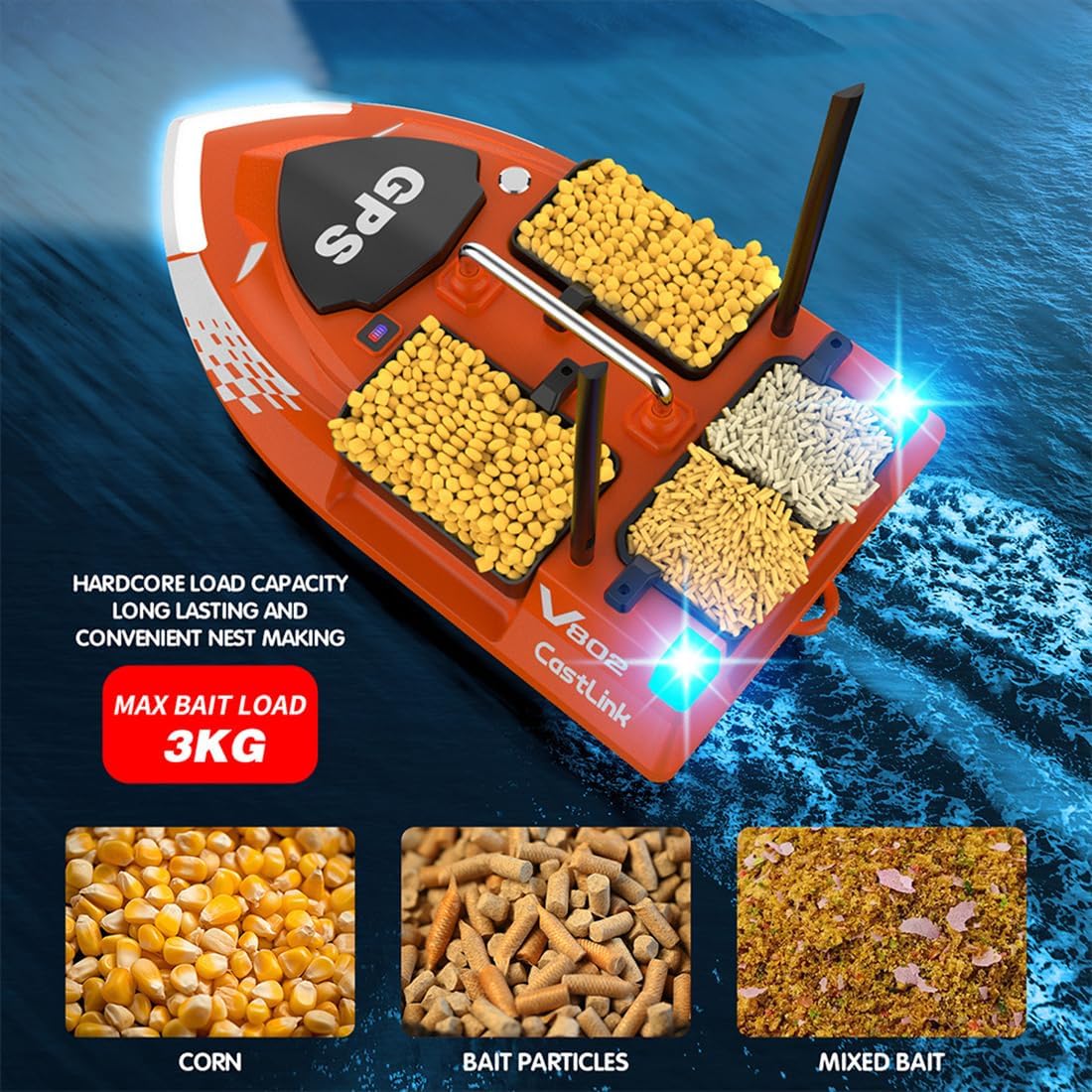 V802PRO GPS RC Bait Boat with 4 Compartments & 3KG Capacity, 500M Remote Control, Auto-Correction & Night Fishing Lights, Professional River Fishing Equipment for Adult Anglers