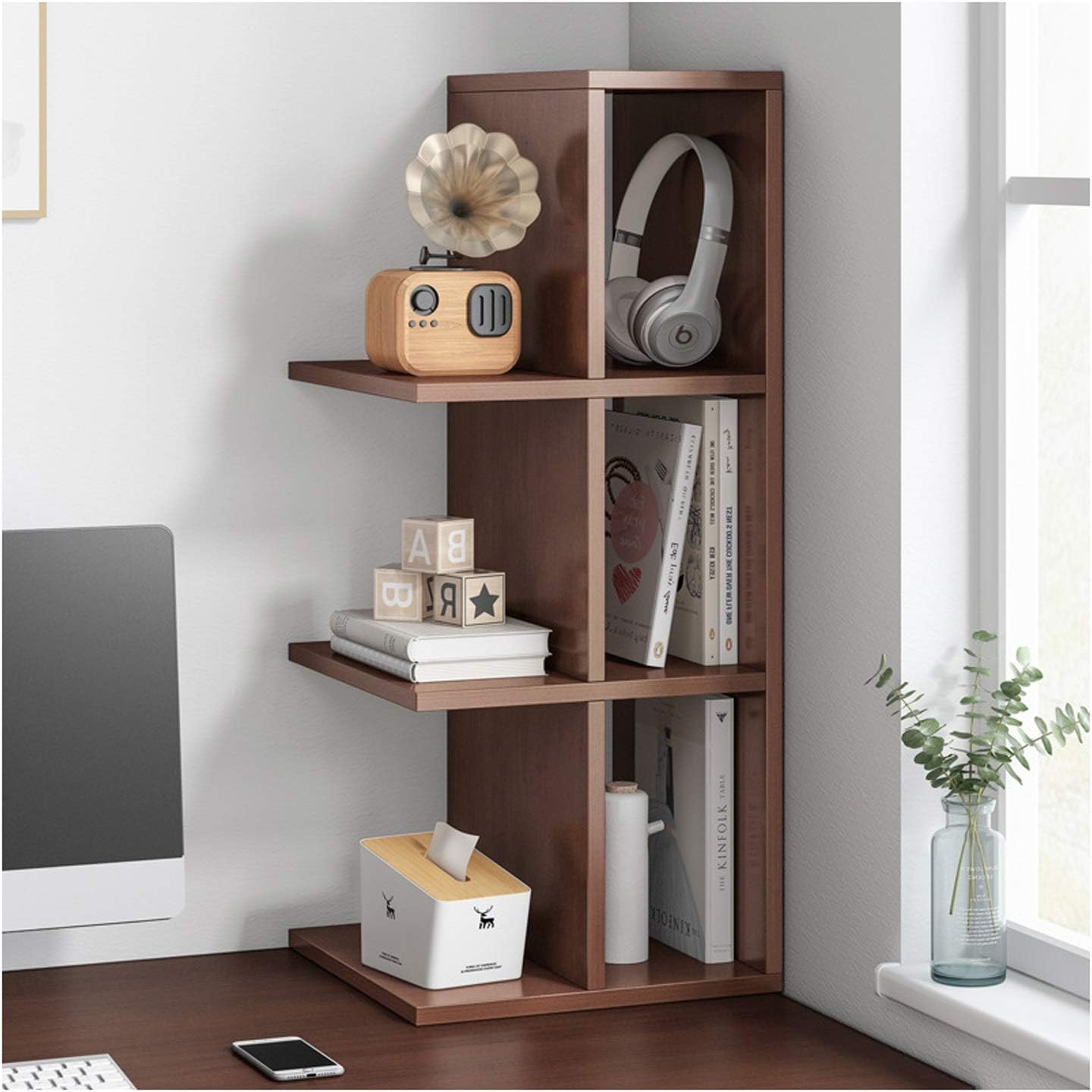 Bookcase Bookcase Wood Countertop Bookcase Dark Walnut Wood Effect Storage Shelf Office Supplies Desk Organizer Display Rack, Brown Small Bookcase (Size : 3 Tiers) ()