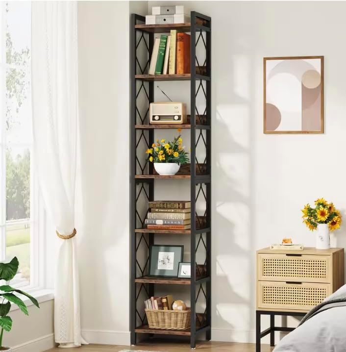 78.7 Inch Extra Tall Narrow Bookshelf, 7 Tier Skinny Bookcase for Small Spaces, Freestanding Display Shelves