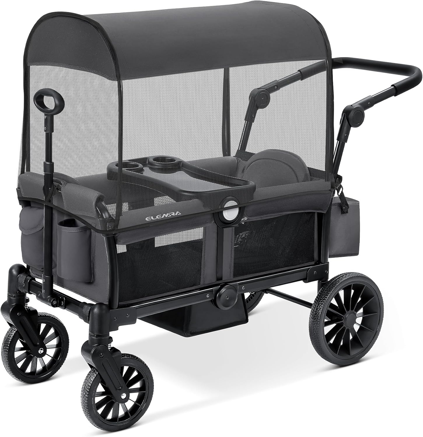 ELEMARA Foldable Wagon Stroller, Stroller Wagon for 2 Kids, Premium All Terrain Wagon for Kids with Removable Canopy, Adjustable Push/Pull Handle, Harnesses, Large Storage Bag