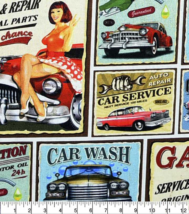 Vintage Garage Signs Novelty Cotton Fabric