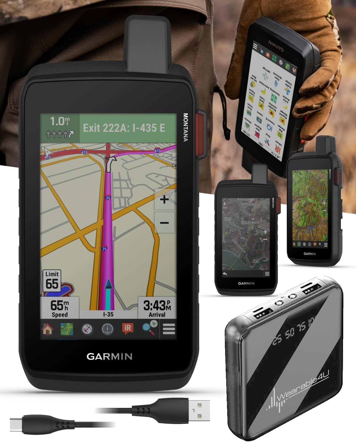 Garmin Montana 710i Rugged GPS Handheld Navigator, 5” Touchscreen, 32 GB, Built-in inReach Technology for SOS & 2-Way Texts in Remote Areas, Satellite Imagery & Maps, w/ Wearable4U PowerBank Bundle