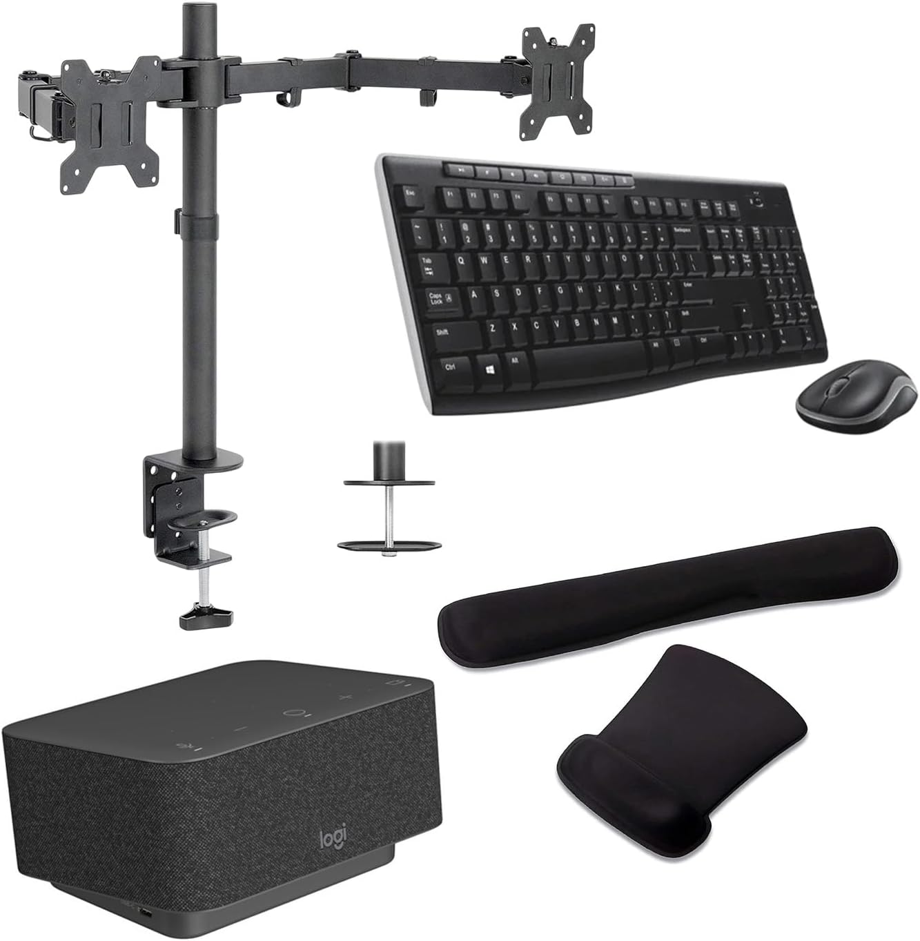 Logitech Docking Station 100W Dock in Graphite Gray, 4K Support and USB HubDesk Bundled with Mount Dual Monitor Stand, MK270 Wireless Keyboard and Mouse, Gel Mouse & Wrist Pad