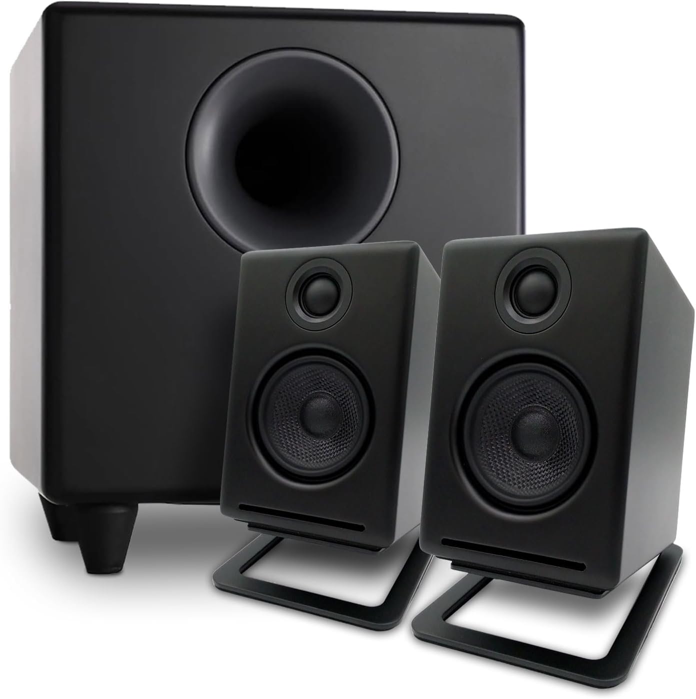 Audioengine A2 Black Bluetooth Speakers with S8 Black Subwoofer and DS1M Metal Stands