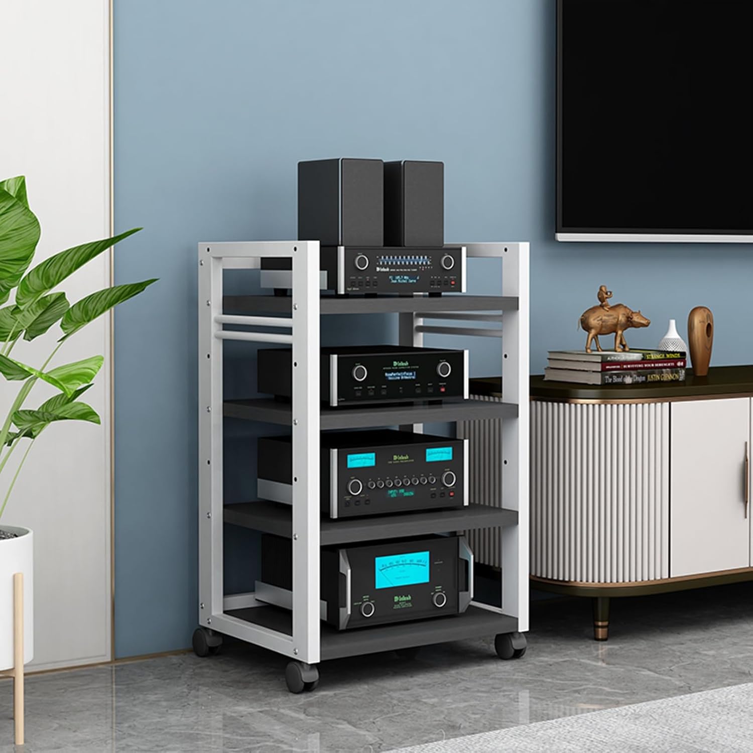 Media Stand Open 4-Tier Media Stand Audio Video Component Cabinet DVD CD Player Stand Stereo Power Amplifier Equipment Storage Rack with Height Adjustable Wooden Shelf for Home/Office/Theater