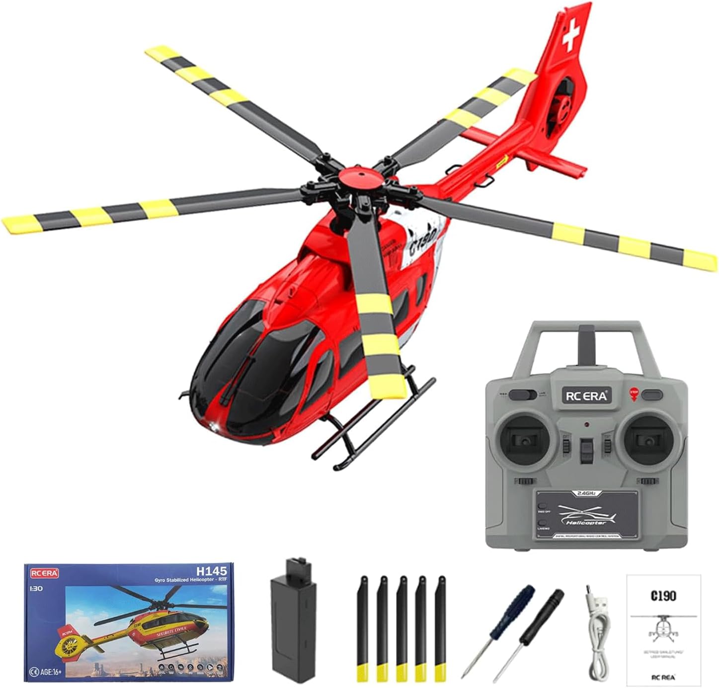 C190 RC Helicopter for Adult, 1/30 Scale H145 RC Airplane 6CH Single-Rotor Gyroscopic Remote Control Helicopter Flying Aircraft Model Ready to Fly for Adults Beginners - RTF