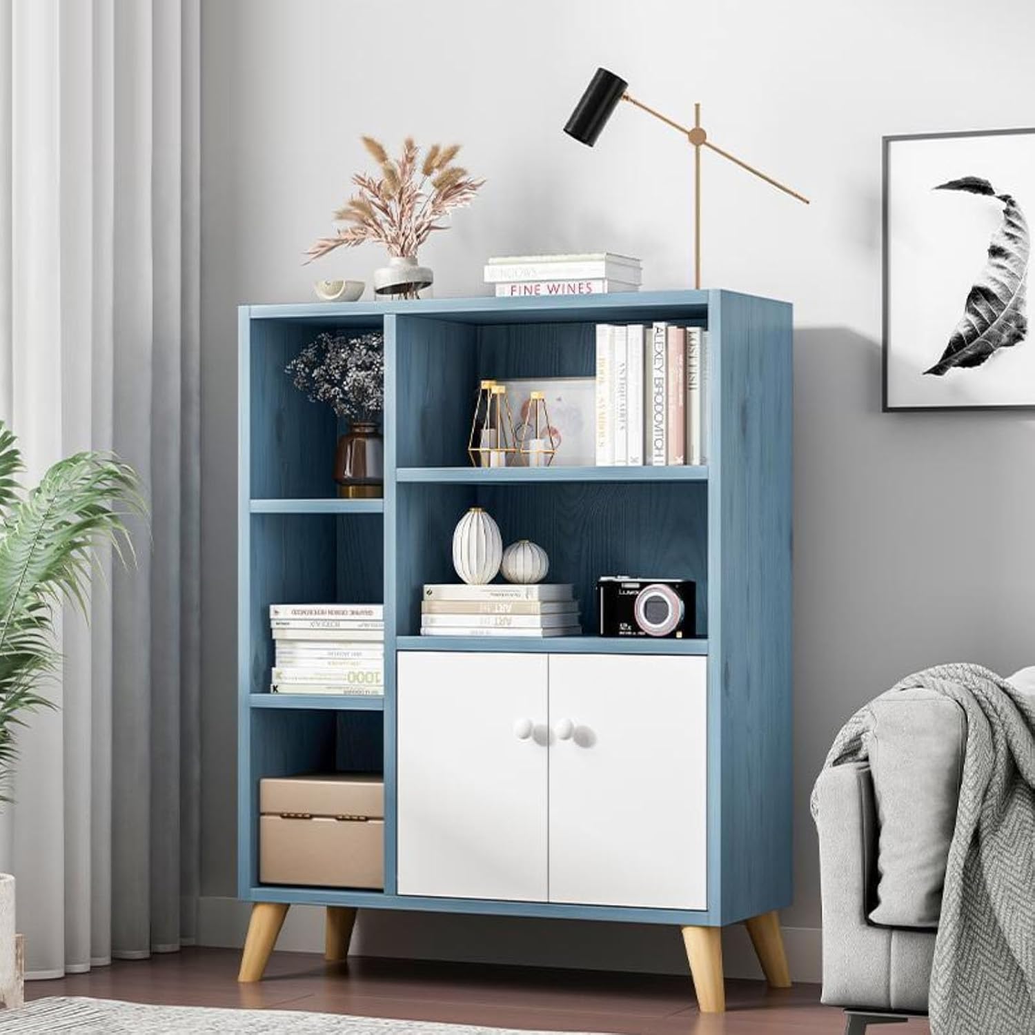 WEIDPHL Blue, Storage Cabinet, Cubby Shelf Bookcase with Doors, Toy Storage Organizer, Wood Cube Organizer, Free Standing Bookshelf with Legs for Home Office