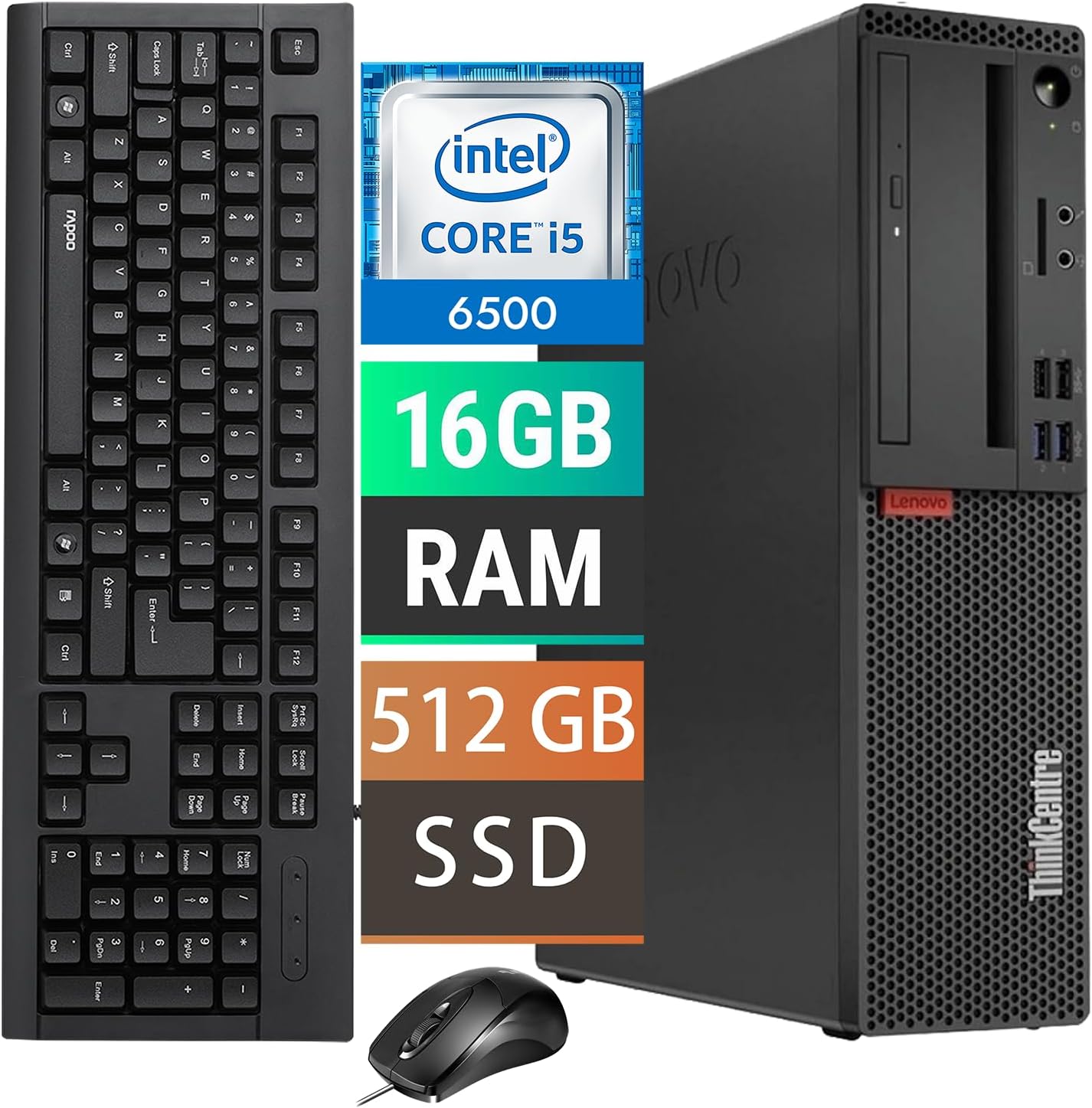 Lenovo ThinkCentre M910s SFF Desktop PC, Core i5-6500, 16GB RAM, 512GB SSD, Wired Keyboard and Mouse, Wi-Fi Adapter, VGA, DisplayPort, Windows 11 Pro (Renewed)