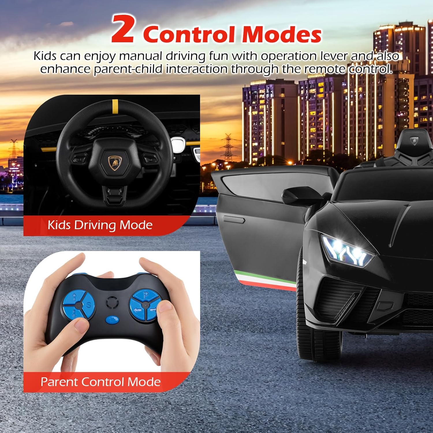 Costzon Licensed Lamborghini Ride on Car, 24V 4WD 2-Seater Battery Powered Kids’ Electric Vehicles w/Remote Control, LED Lights & Music, Kids Car Toy for Boys & Girls Aged 3-8 (Black-S311)