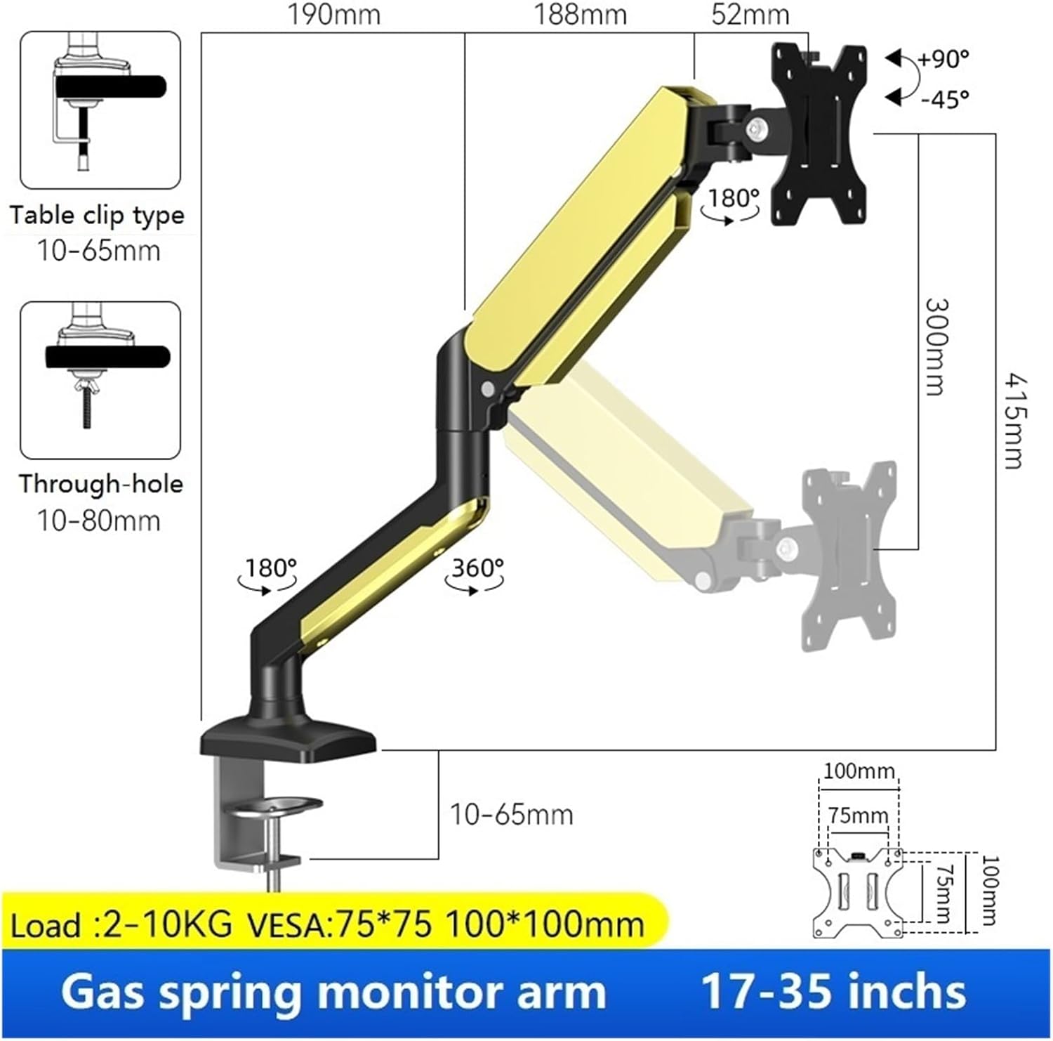 Desktop Monitor Arm Stand 17-35 Inch Full Motion Gas Spring Stand(M1B Black yellow)