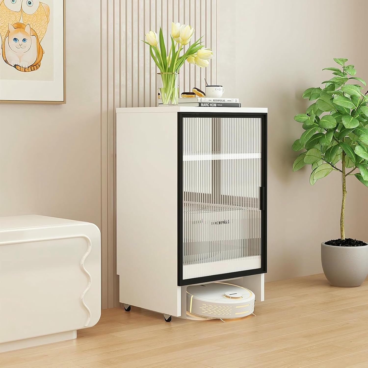 GFXYQPDNV Mobile Robot Vacuum Storage Cabinet Side Table, Floor Sweeper Hidden Storage Rack, for Bedroom, Living Room, Dorm Room, Hallway, Entryway