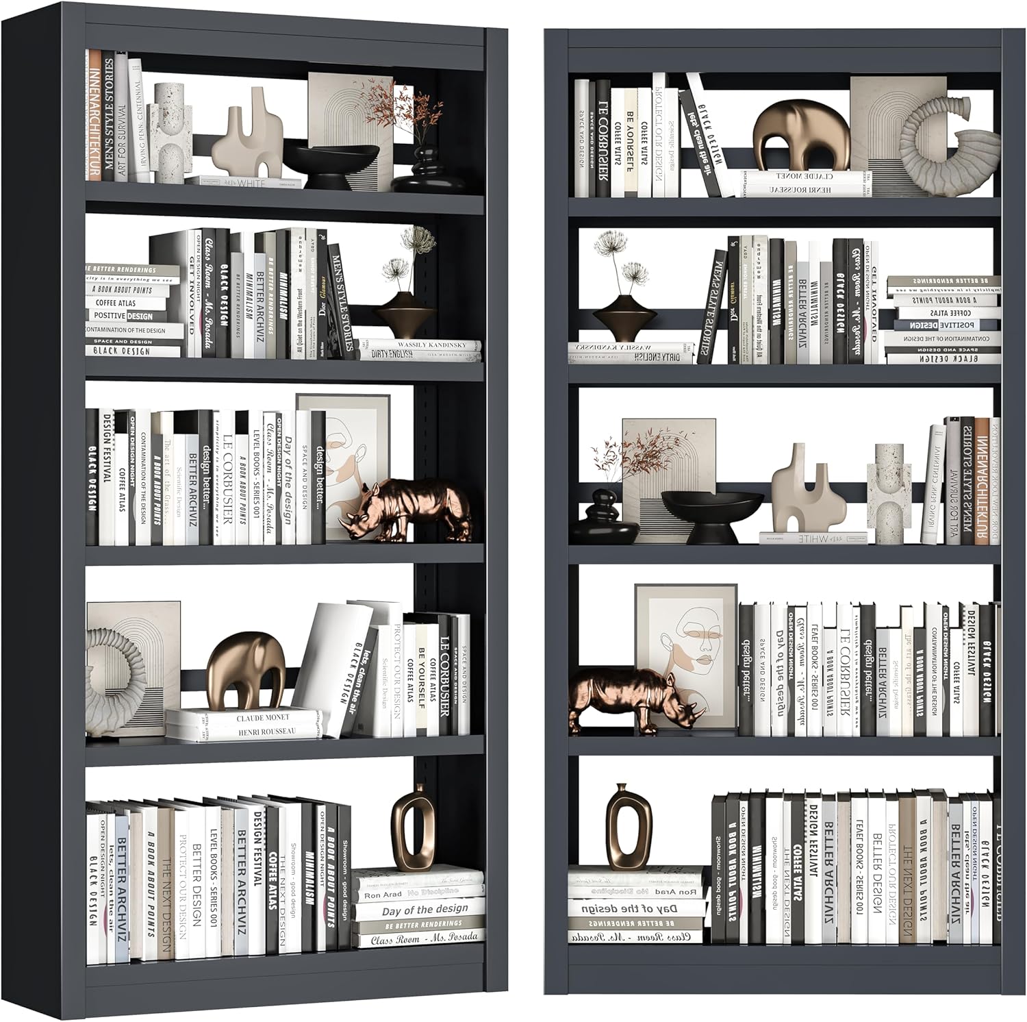 OSEILLC Black Bookshelf，6-Tier Bookcase with Adjustable Storage Shelves，Metal Bookshelf with Book Stopper for Living Room, Home Office, Library