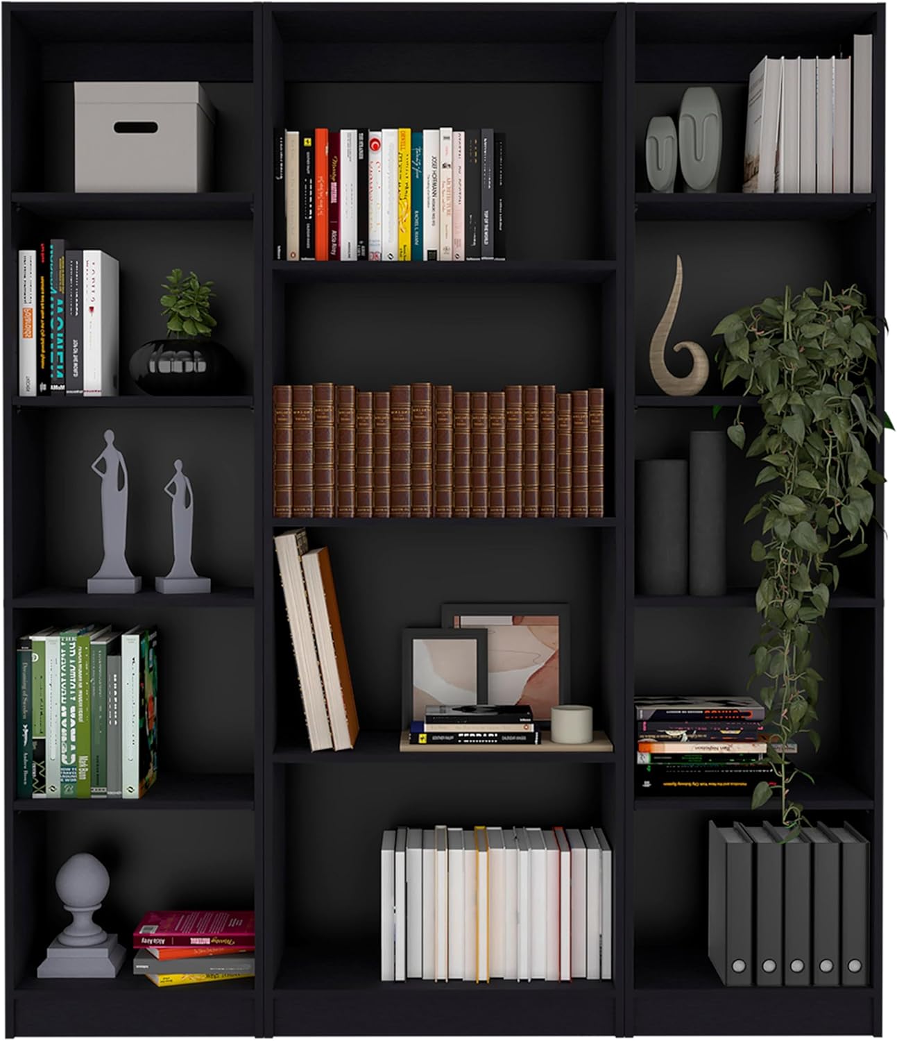 Benicabaly Stylish and Flexible 3 Piece Living Room Set with Bookcases, Elegant Black Wood Finish