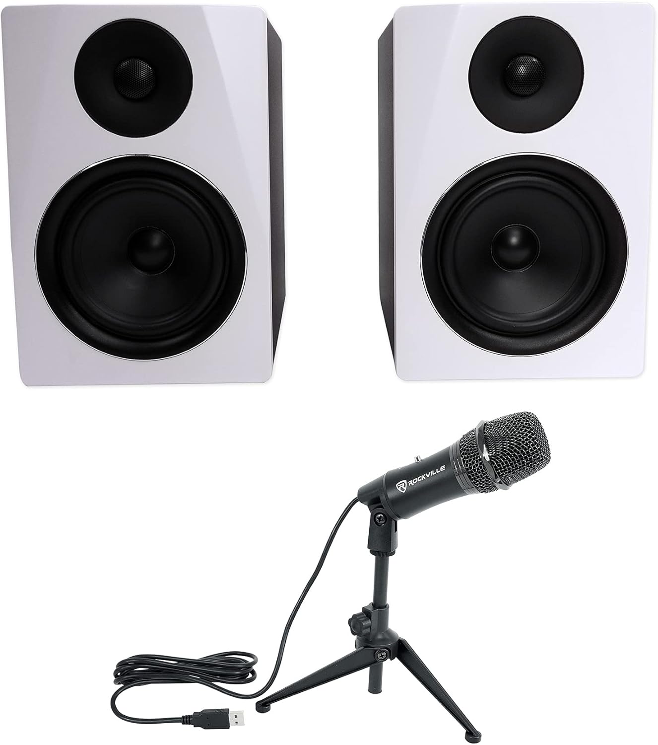 Rockville APM6W Bundle: 6.5 in 350-Watt Active Powered USB Studio Monitor Speakers Pair, Z-Stream Condenser Computer Microphone for Recording Streaming podcasting Zoom, 3-Items