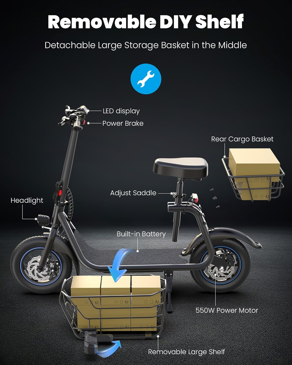 Gyroshoes Electric Scooter with Seat for Adults & Teens, 550W Powerful Motor, 20-Mile Range, Speed up to 18.6MPH, Ample Storage for Pets & Cargo, Electrically-Powered Motor Scooters