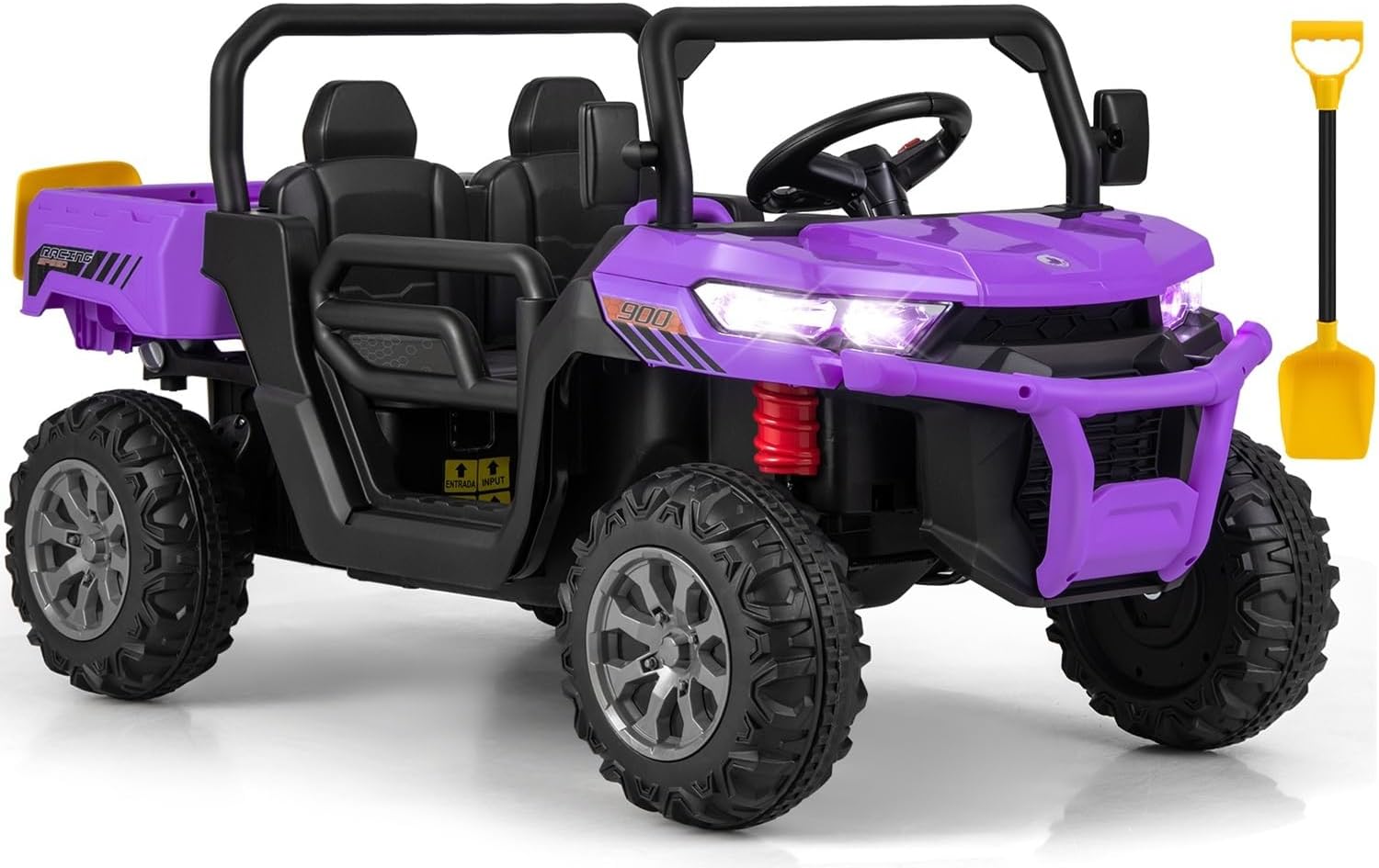 OLAKIDS 2 Seater Ride On Car, 12V Off-Road UTV Electric Vehicle with Remote Control, Dump Bed, Extra Shovel, Music, USB, AUX, Rocking Function, Kids Toddlers Battery Powered Truck (Violet)
