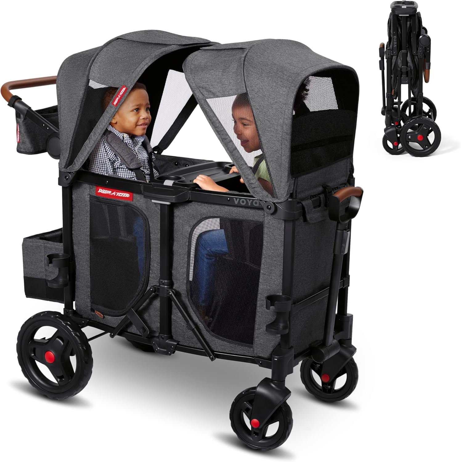 Radio Flyer Voya Stroller Wagon, for Ages 6+ Months, Extra Tall Sides, Push or Pull, 2 Seats, Dual Sun Canopies, Compact Fold, Lightweight, Storage Space, 5-Point Harnesses, Stroller Wagon for Kids
