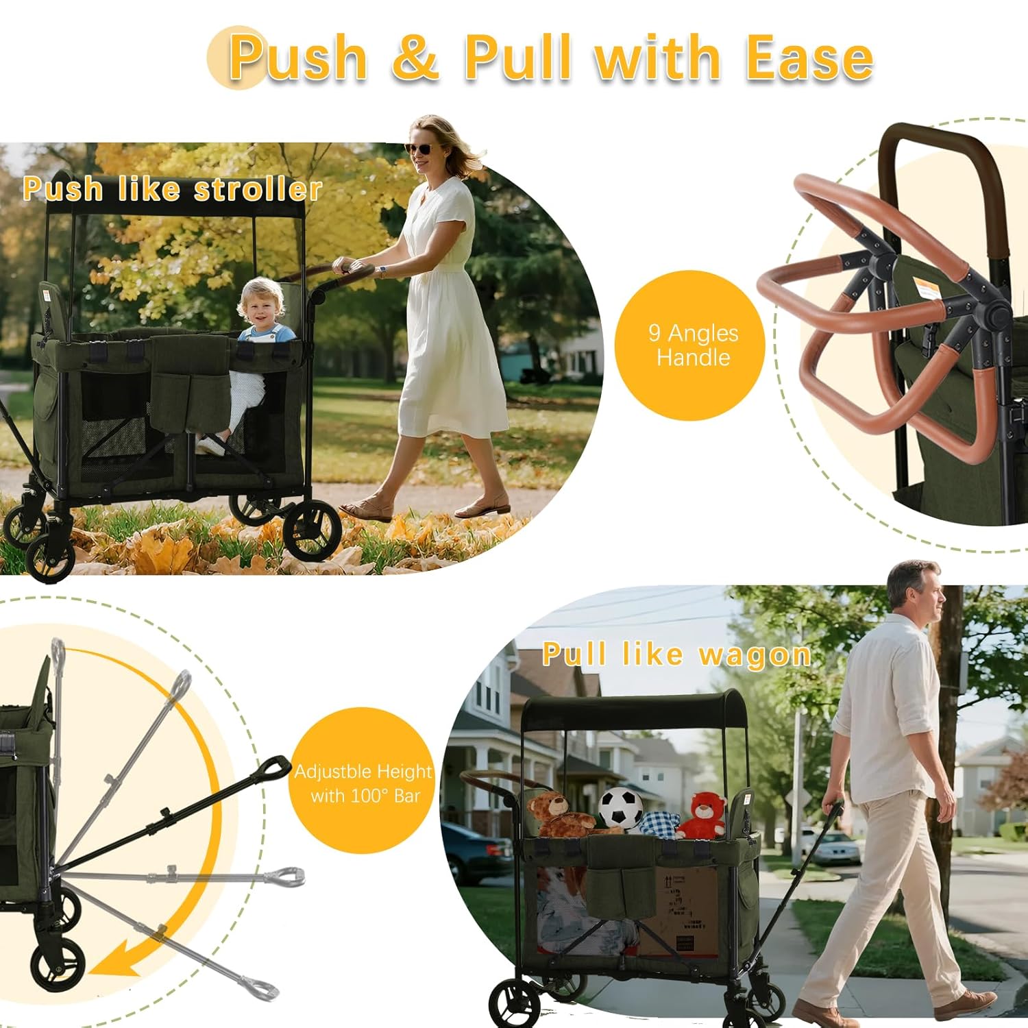 Wagon Stroller for 2 Kids, Foldable All-Terrain Wagon for Kids with Canopy, Adjustable Push and Pull Handles,Convertible High Seat & Organizer, 5 Point Harness