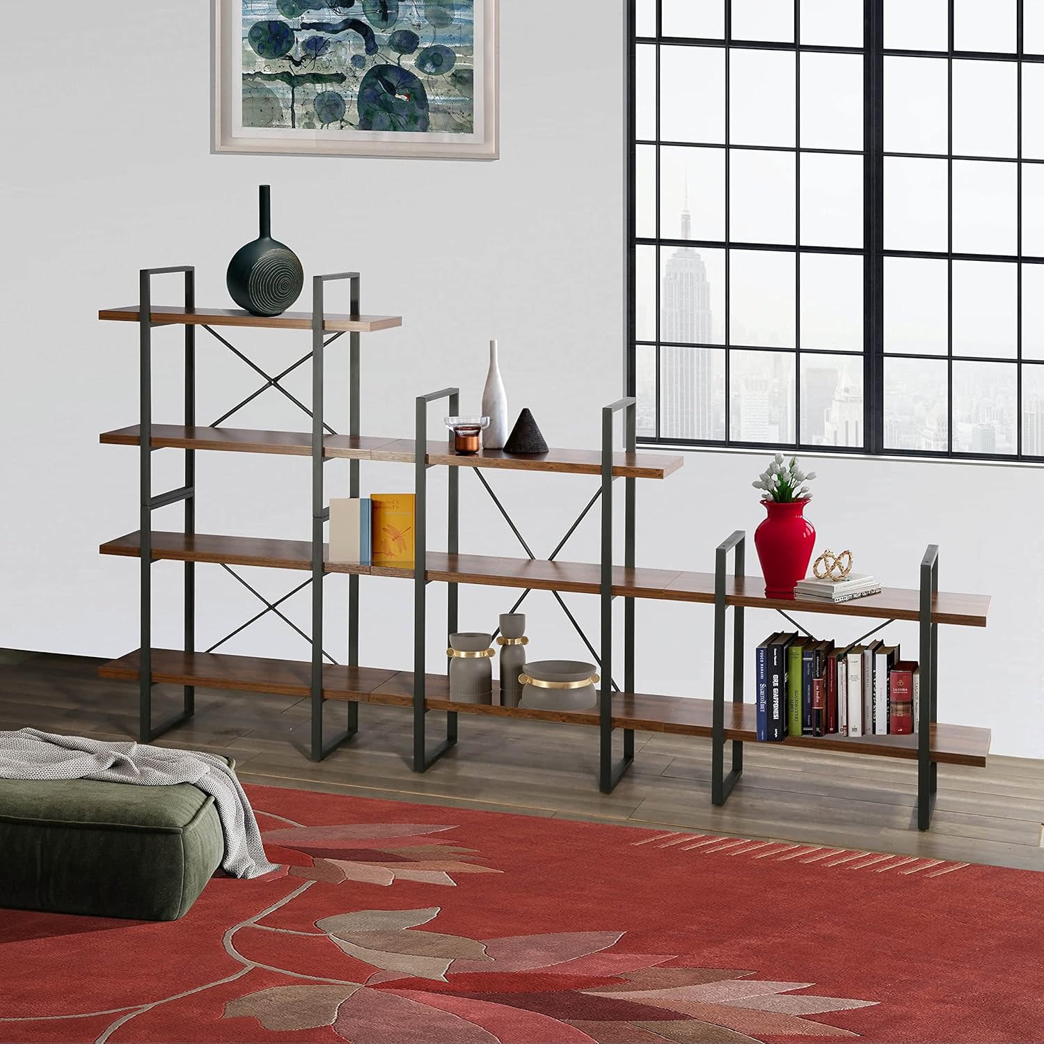 Adjustable Antique Walnut Wood and Metal Display Steel Bookcase 57'' X 12.52'' Brown Natural Mid-Century Modern Contemporary MDF