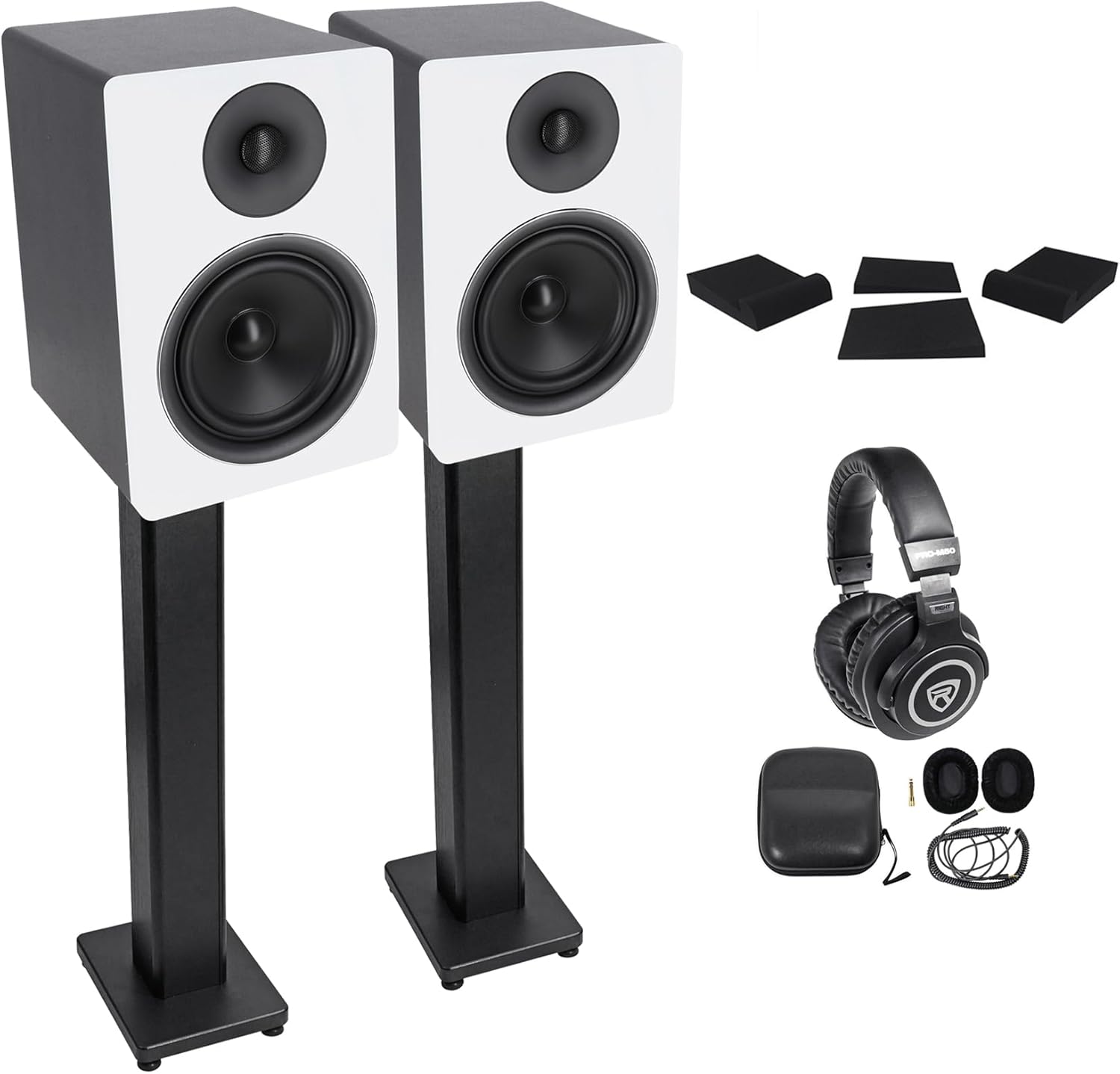 Rockville APM6W Bundle: Pair 6.5-in 2-Way 350-Watt, 175-Watt RMS Active USB Studio Monitors, Pair RHTSC 36-in Speaker Stands, PRO-M50 Headphones, RRS190S Isolation Pads 7.5-in x 9.5-in, 4-Items