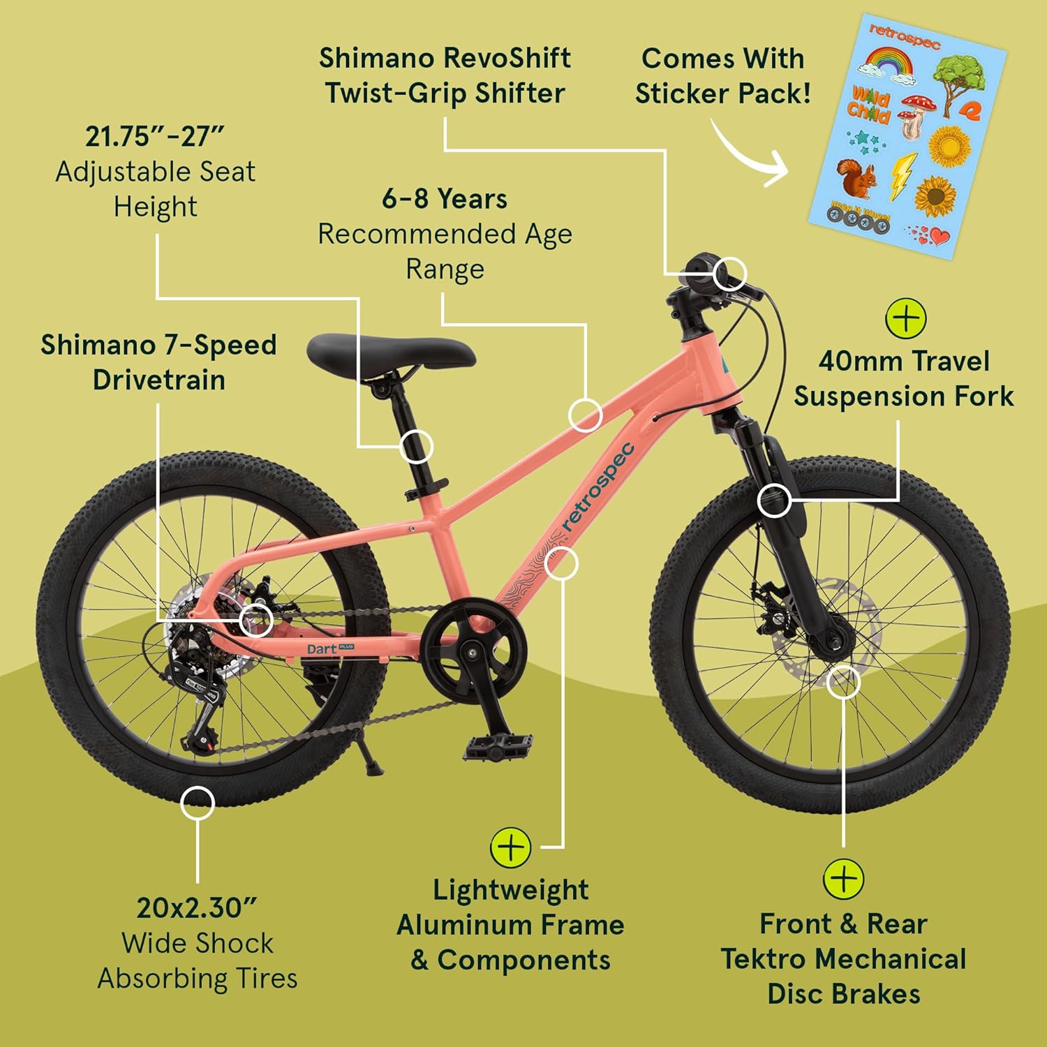 Retrospec Dart Plus 20-Inch Kids Bike - 7-Speed Bike with Disc Brakes & Suspension Fork for Ages 6-8 Years, Lightweight Aluminum Frame