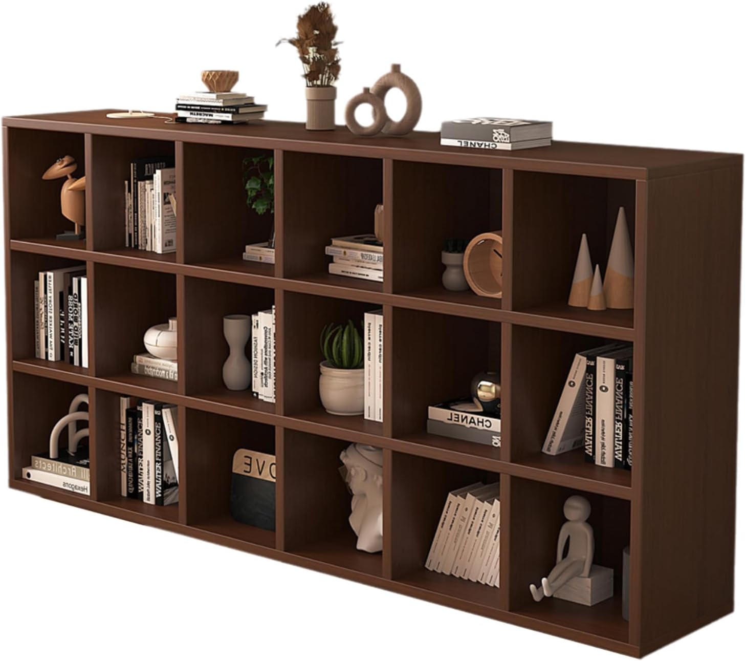 18 Cube Floor Standing Storage Bookshelf, Stackable Wood Display Bookcase Fits Cubby Bins for Organization, Open Shelf Low Book case for Home Office Living Room Bed Room (Walnut)