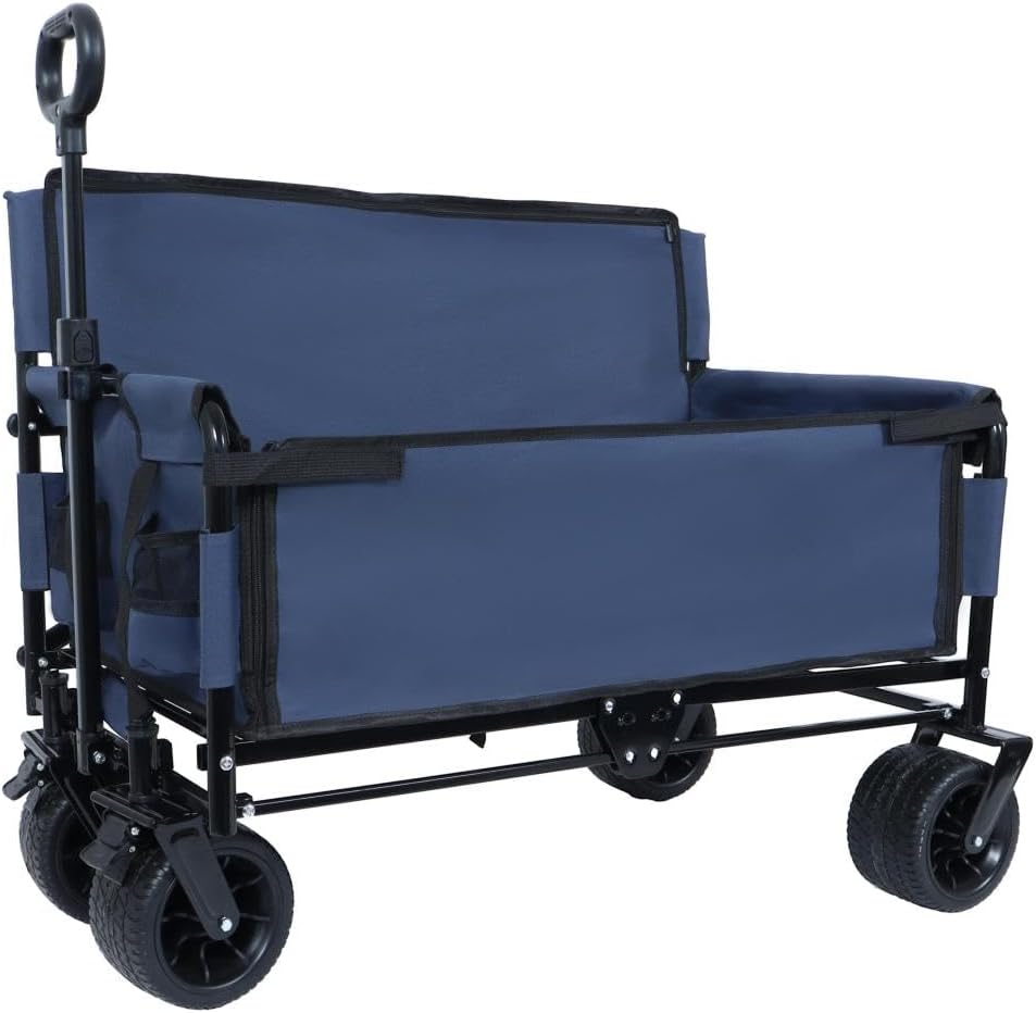 Heavy-Duty Folding Wagon Cart with All-Terrain Wheels and Convertible Seat – 500 lb Capacity Utility Transport for Outdoor Activities, Camping, Beach, Garden, and Events (Dark Blue + Steel)