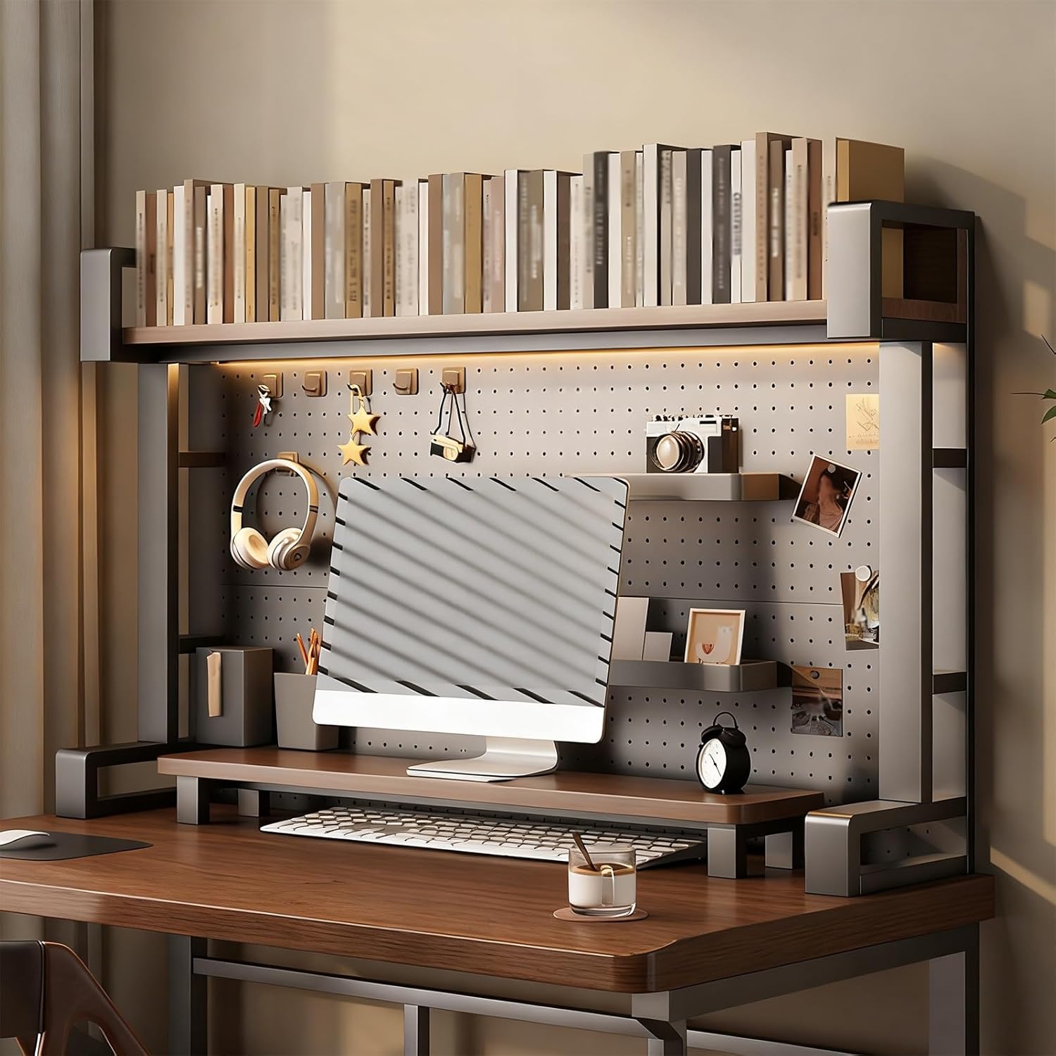 JHDXL Countertop Storage Organizer Rack with Pegboard & Storage Accessories, Space Saving Desktop Bookshelf, 2-Tier Desk Hutch for Computer Monitor(115cm/45.3in)