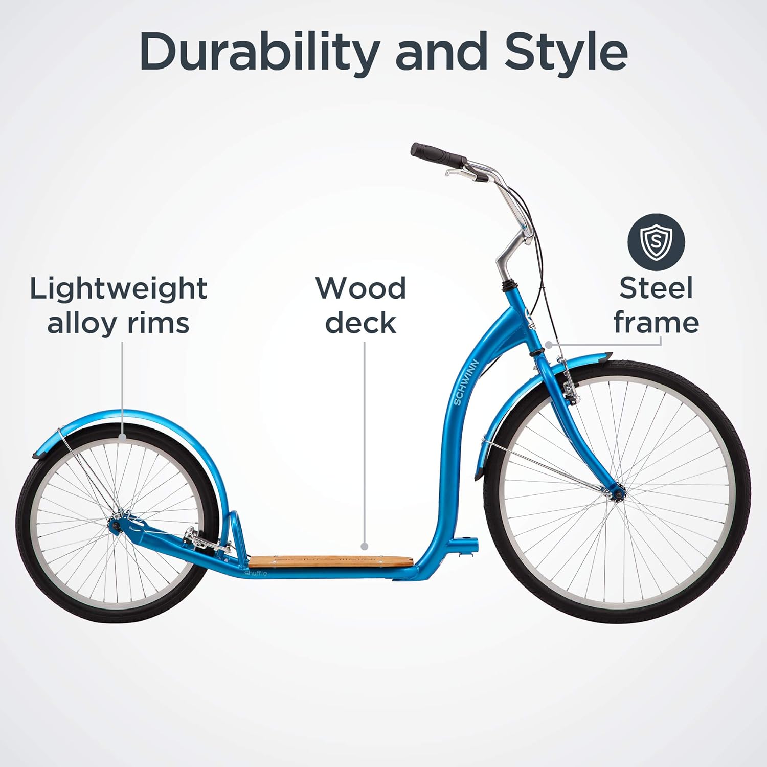Schwinn Shuffle or Shuffle Deluxe Adult Kick Scooter, 26 Inch Front Wheel & 20 Inch Rear Wheel, Smooth Ride, Durable Steel Frame, Fenders, Front & Rear Linear Pull Brakes, Two Wheel Scooter for Adults