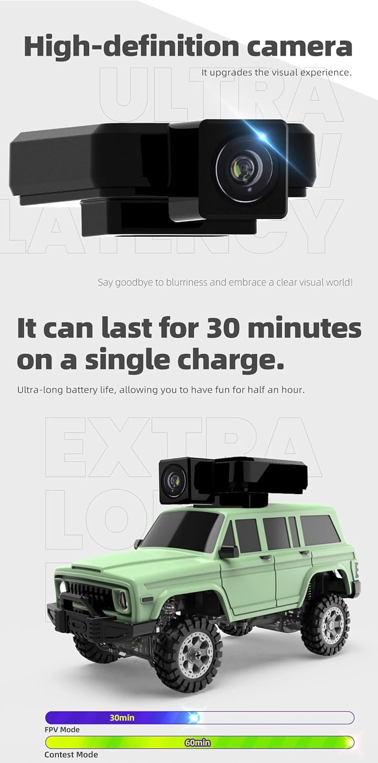 1:64 Scale SNICLO RC Climbing Car, 2.4G Full Proportional Steering, Metal Universal Shaft, Shock-Resistant Off-Road Vehicle with Type-C Rechargeable Battery(White/RTR Cam Version)