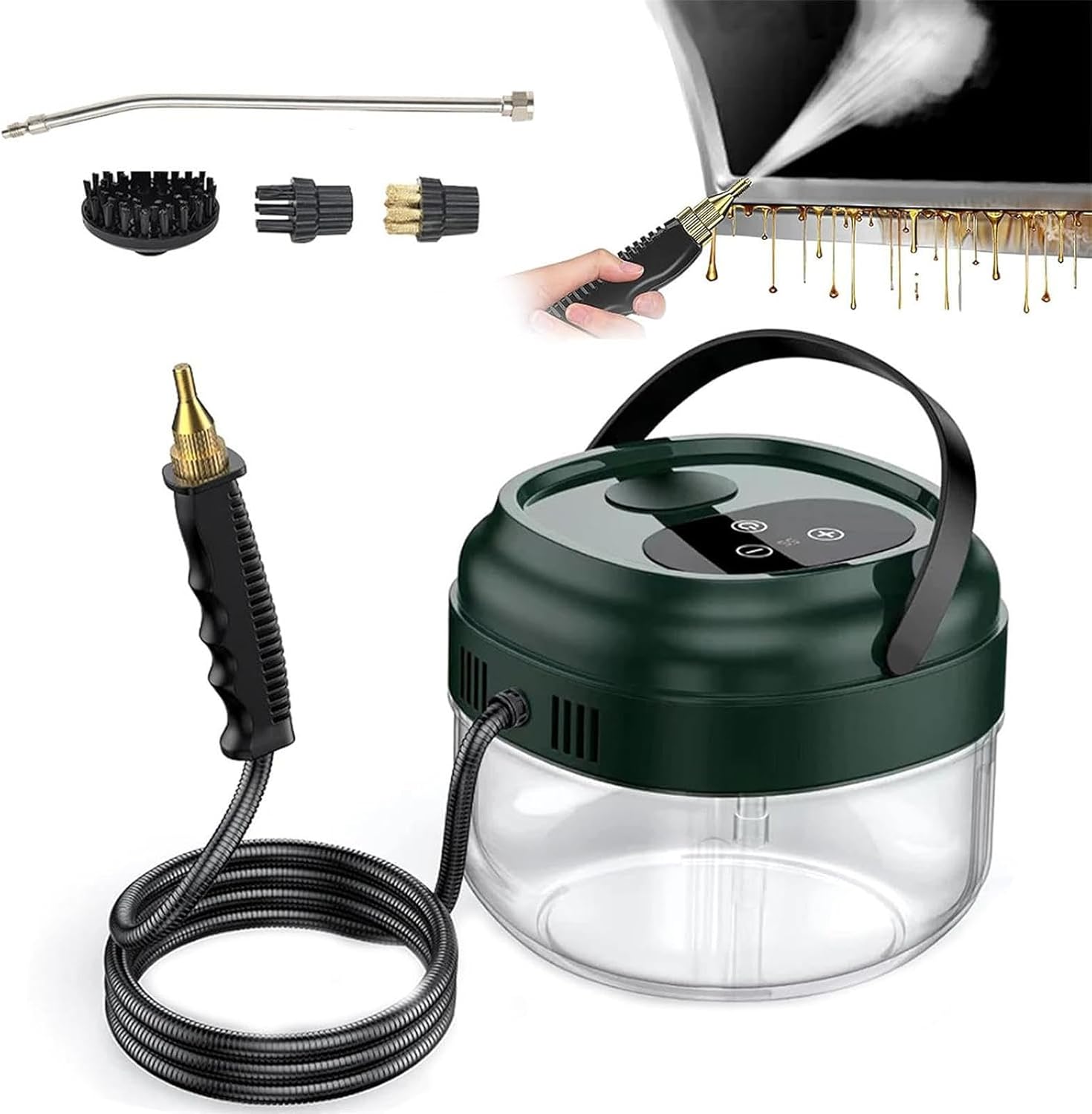 HEAXIY 3500W High Pressure Steam Cleaner, Handheld Steam Cleaner for Home Kitchen Hood Car Cleaning, Touch Screen + 6 Adjustable Steam Levels, 1500ml Water Tank,Green