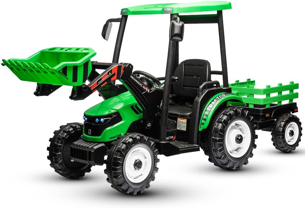 Ride on Tractor with Trailer&Front Loader, 3IN1 24V Dual Motors Ground Loader, Battery Powered Electric Ride on Tractor Toys with Safety Belt, Green(Kids Tractor with Trailer&Front Loader)