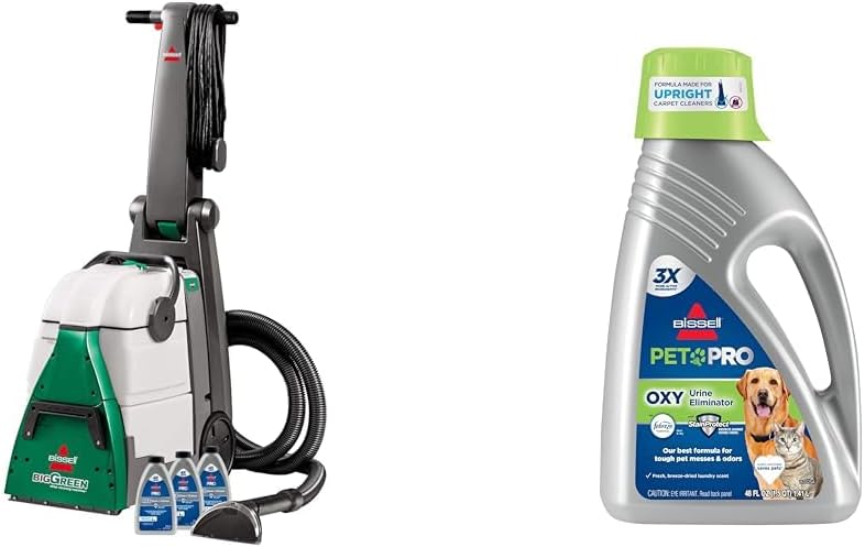 BISSELL® Big Green® Professional Carpet Cleaner with XL DirtLifter PowerBrush, 9-inch Long Reach Hose, 6-inch Tough Stain Tool + Bissell Professional Pet Carpet Cleaner Shampoo, 48 Ounce, Silver