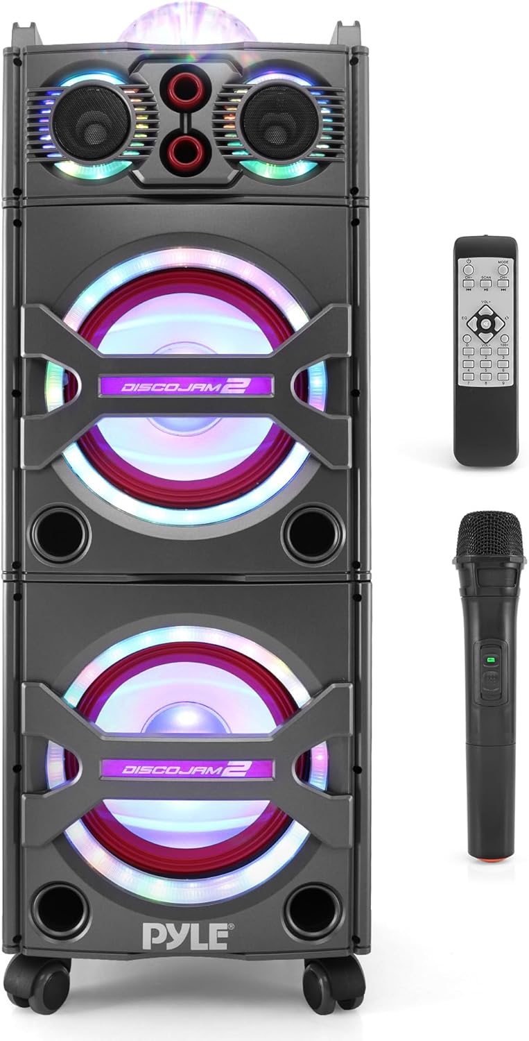 Pyle Portable Bluetooth PA Speaker System - 2000W Active powered Outdoor Bluetooth Speaker Portable PA System w/ Microphone In, Party Lights, USB SD Card Reader, AUX/RCA/FM Radio, Wheels - PSUFM1043BT