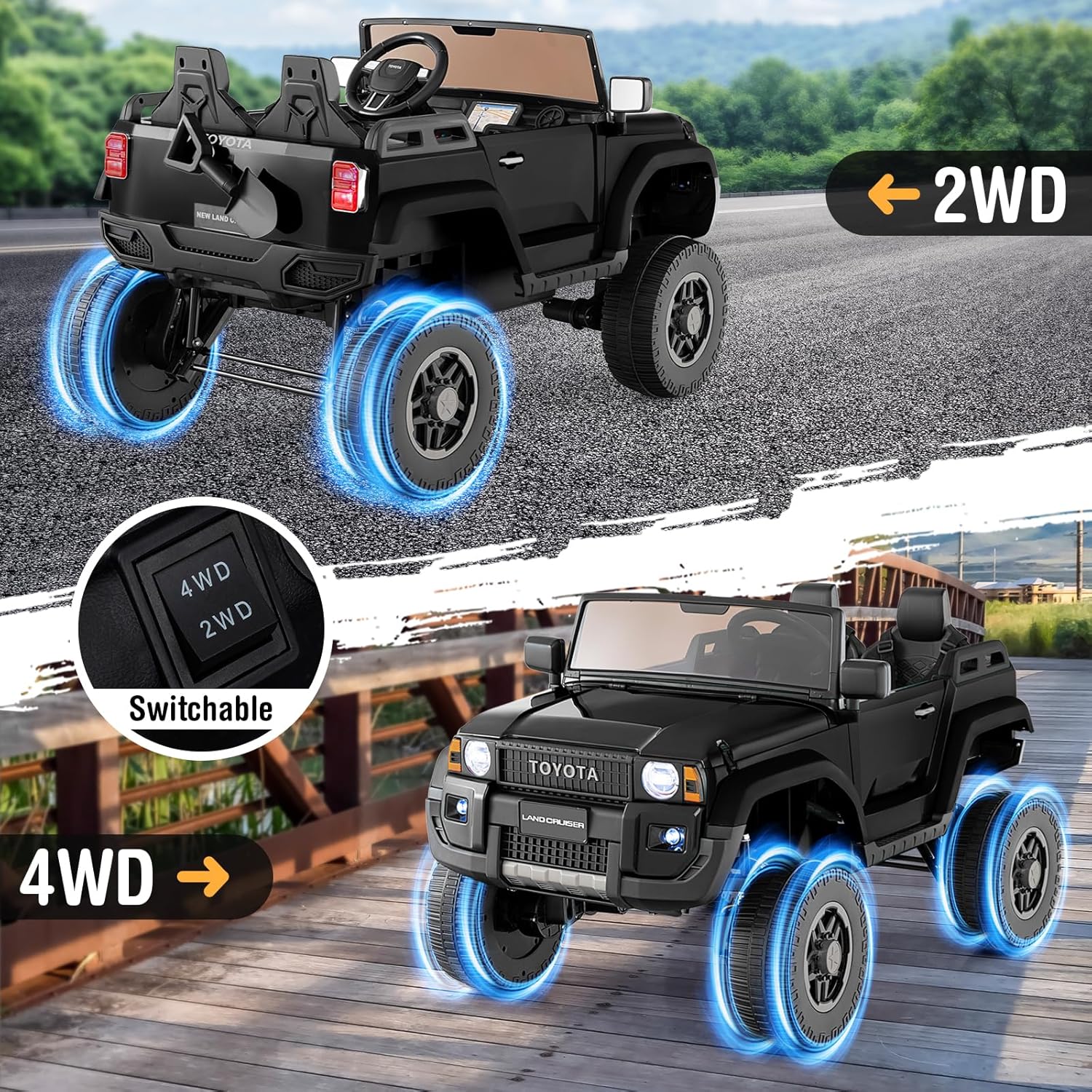 Costzon 24V 2 Seater Ride on Car for Kids, 4WD/2WD Switchable Licensed Toyota LC250 Ride on Truck w/Remote, Shovel, Music & Sounds, Electric Vehicle w/4-Wheel Spring Suspension for Ages 3+ (Black)