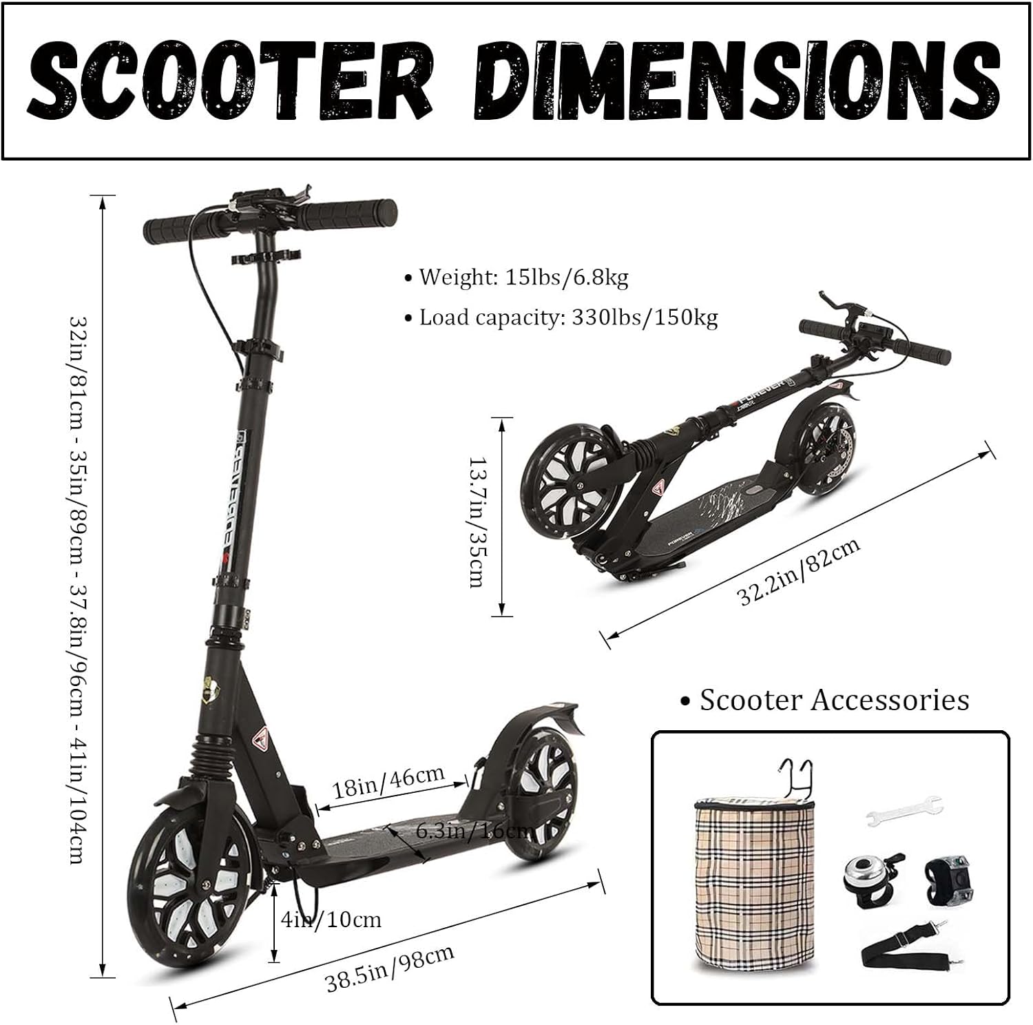 Folding Scooter for Adults, Commuter Kick Scooter 300 lbs Capacity, Big Wheels Scooters for Kids 8 Years and up, Adjustable Height, Aluminum