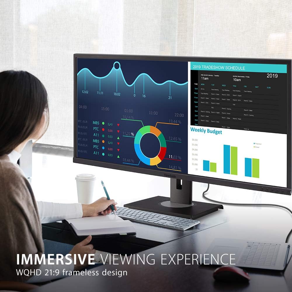 ViewSonic VG3456 34 Inch 21:9 1440p Monitor with Ergonomics Design, USB C, FreeSync, Docking Built-In, Gigabit Ethernet RJ45 for Home and Office