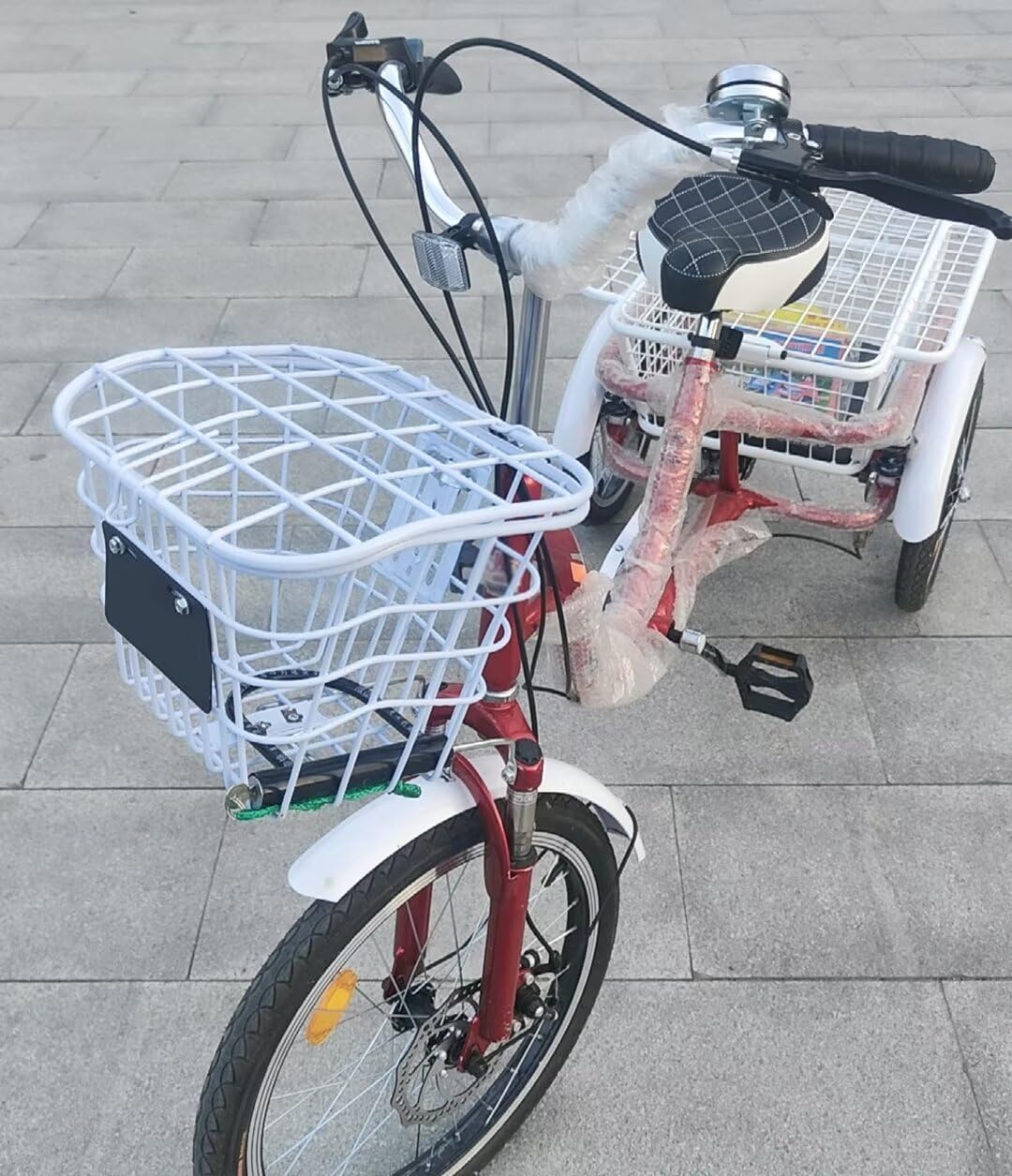 Elderly Tricycle Pedal Scooter with Vegetable Basket,6-speeds Rickshaw Tricycle,Shock Absorb Front Fork,Cargo Trike for Hanging Out and Traveling,3 Wheels Bicycle (red)