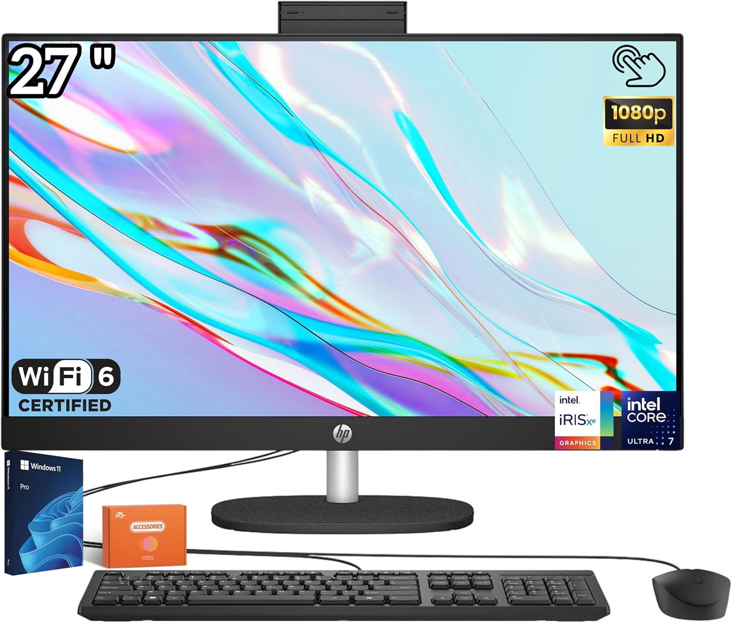 HP Touchscreen All in One Desktop Computer, 27’’ FHD IPS Display, Intel 12-Core Ultra 7(Up to 4.8GHz), Adjustable Height, 64GB DDR5, 4TB SSD, Win 11 Pro, Jet Black, Accessories