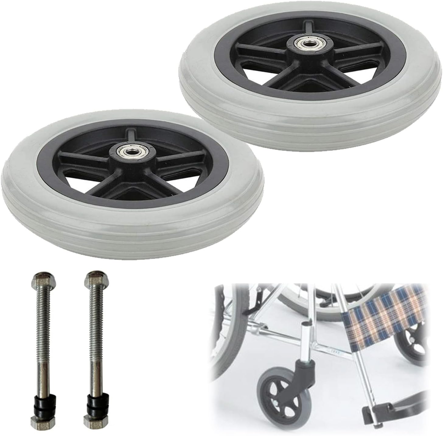 1 Pair 7Inch Wheelchair Replacement Wheels, Front Caster, Heavy Duty Manual Wheelchair, 5/16inch (8mm) Bearing Solid Tires, for Rollators, Walkers (Color : Gray)