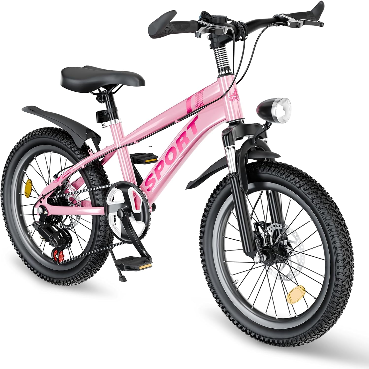 24 Inch Kids Mountain Bike for Boys Girls Ages 7-12, 7 Speed Gears, Dual Disc Brakes, Front Suspension Fork, LED Light, Pink