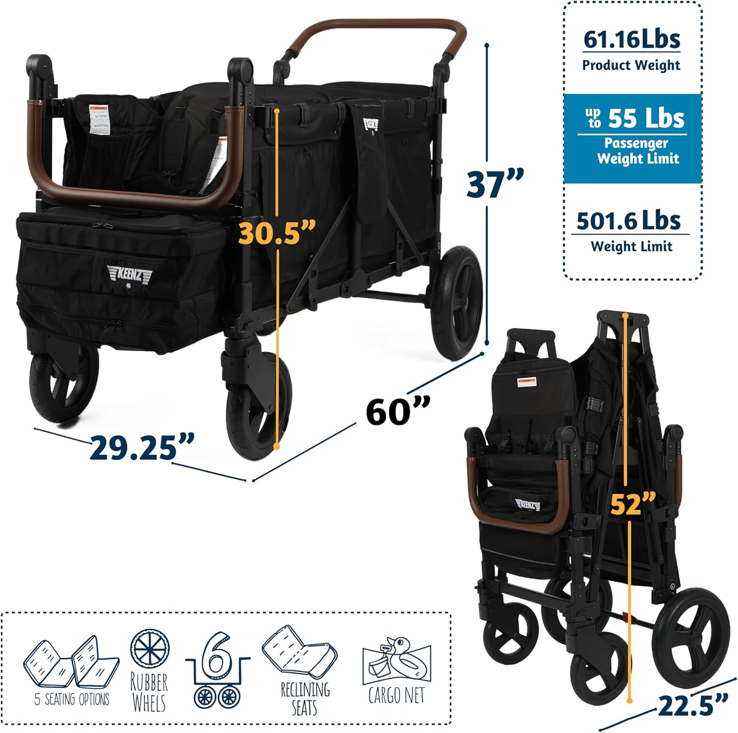 Keenz XC EVO Luxury Comfort Stroller Wagon | Foldable 6 Passenger with Adjustable Canopy |Black