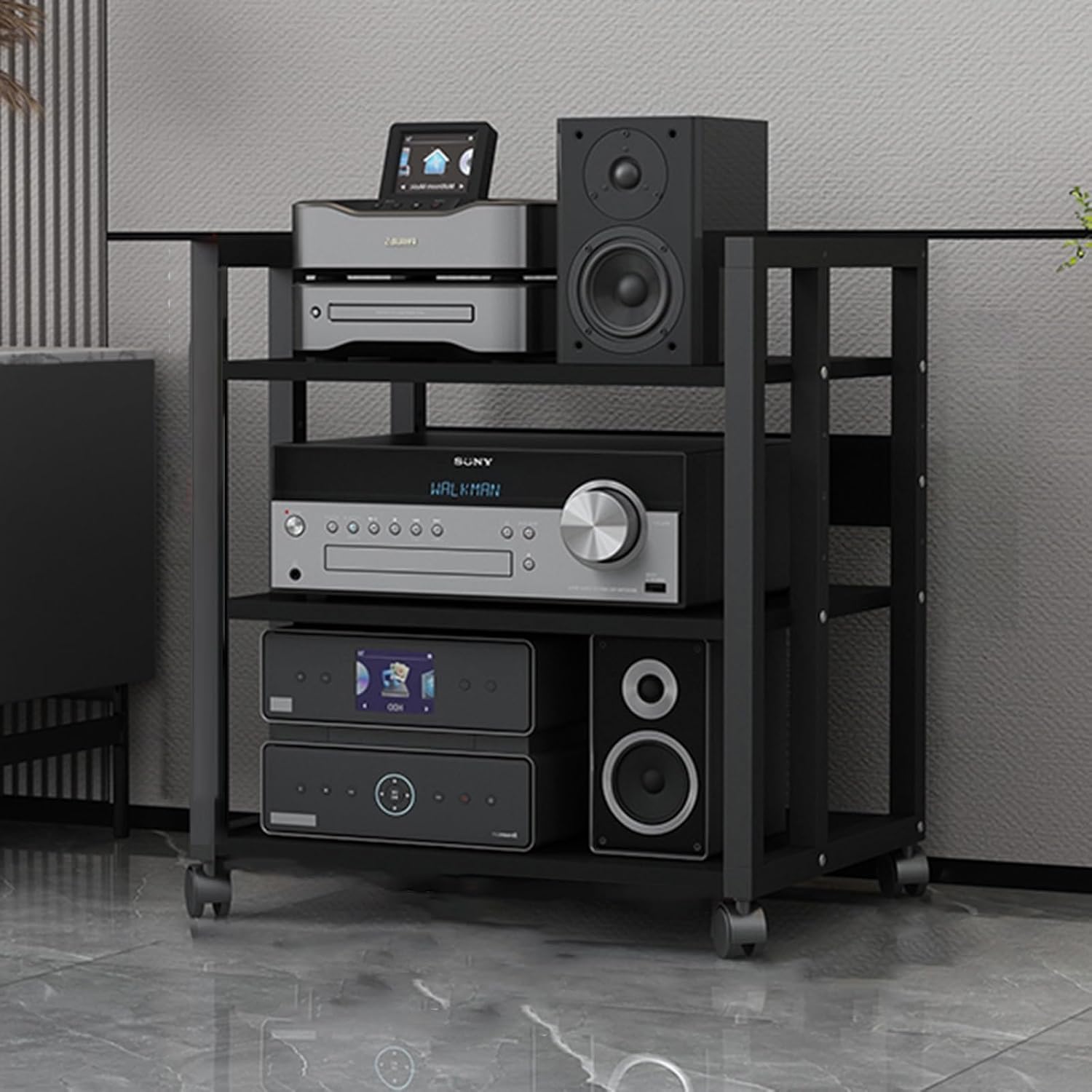 Media Storage Cabinet Stereo Cabinet Small Media Console 4-Tier AV Media Stand Corner Shelf Stereo Audio Rack Stand Tower Corner TV Entertainment Center for Living Gaming Recording Room(50x40x58.6cm/1